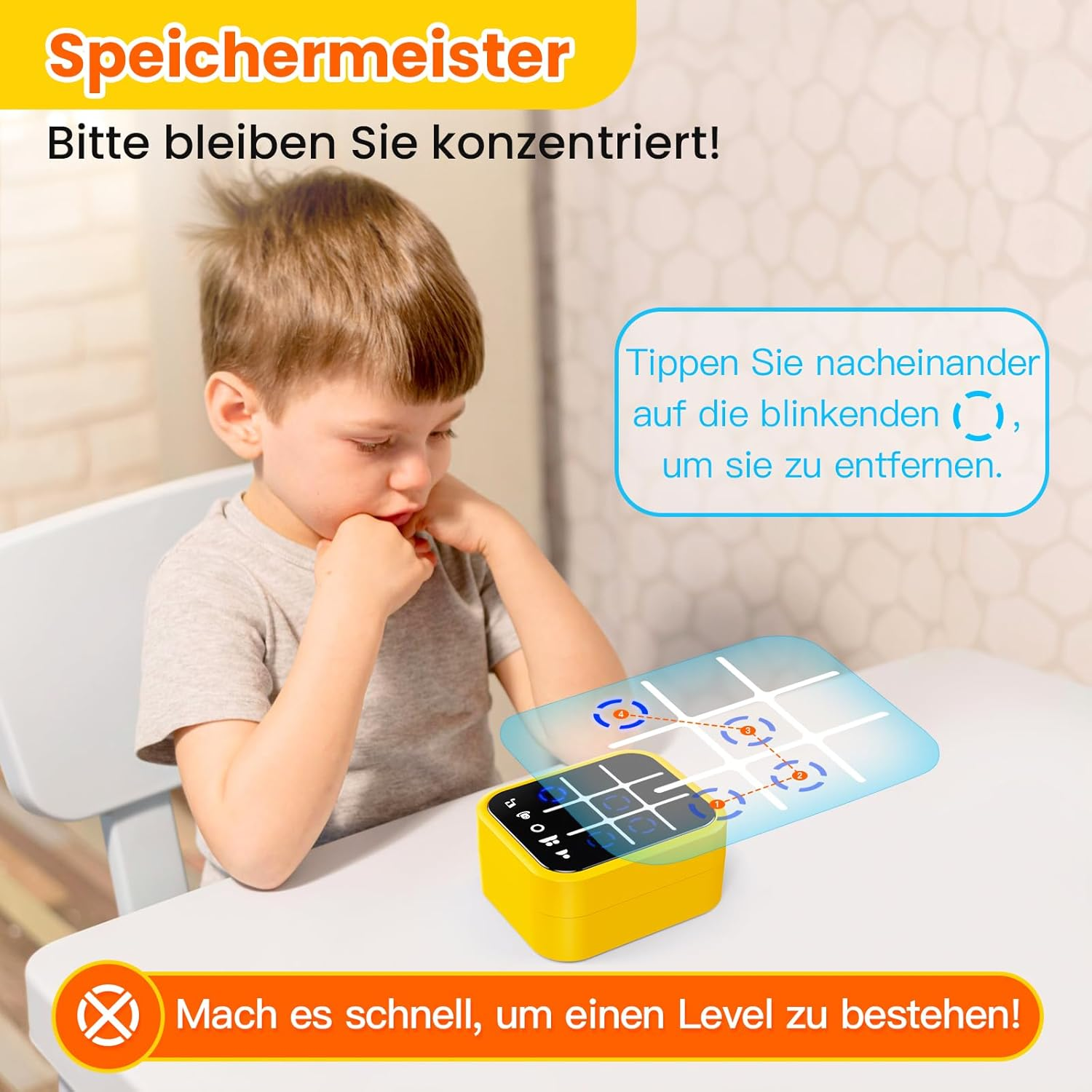Ein Junge konzentriert sich auf ein interaktives elektronisches Gedächtnisspiel auf dem Tisch.