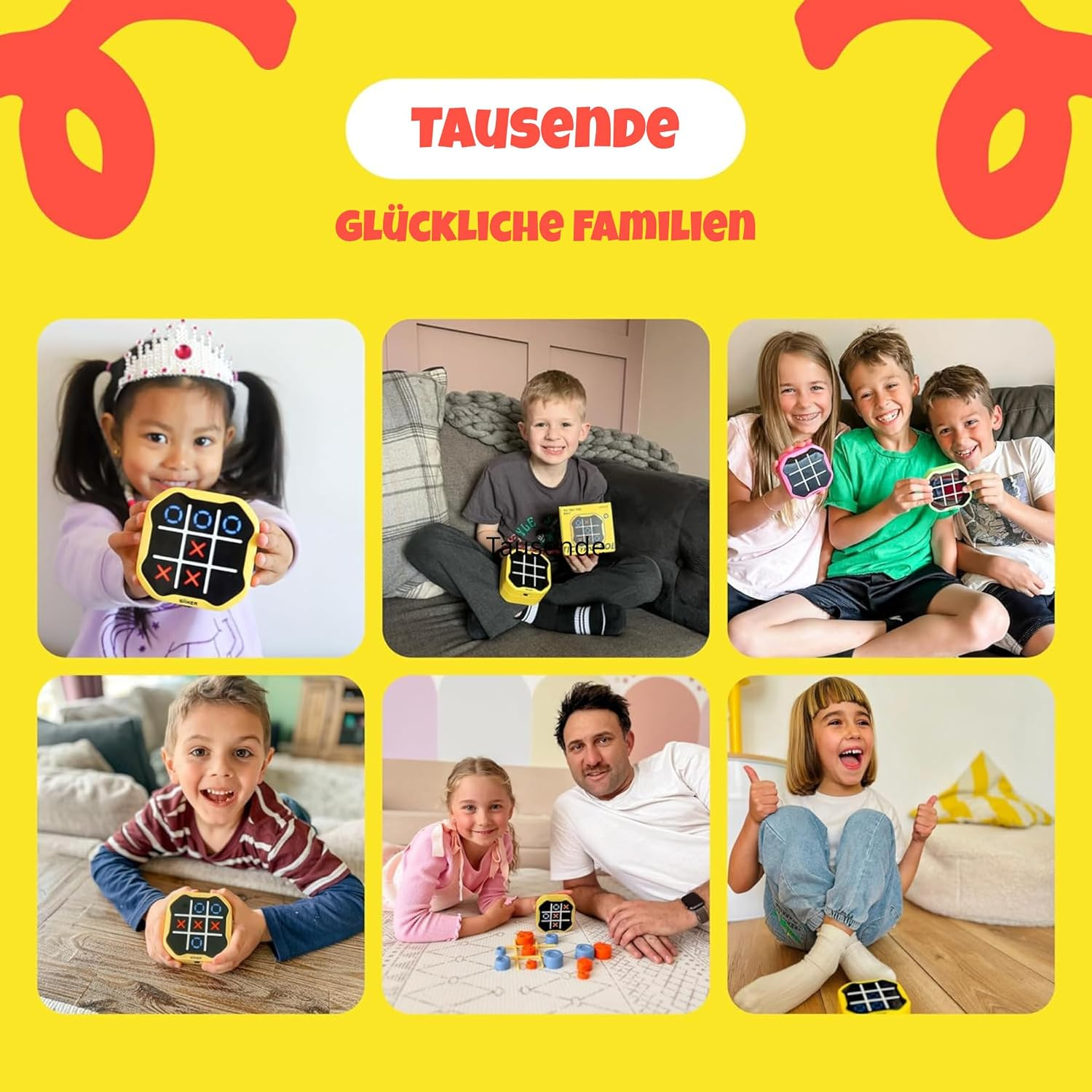 Eine gelbe Werbetafel zeigt sechs verschiedene Fotos von glücklichen Kindern und Erwachsenen, die Tic-Tac-Toe spielen.