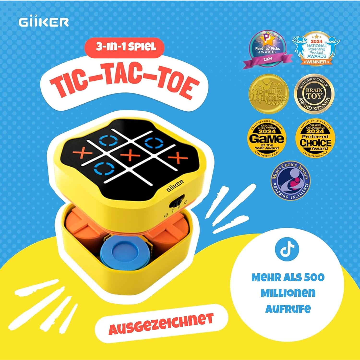 Gelbes Giiker Tic-Tac-Toe Spiel mit blauem und orangenem Zubehör auf blauem Hintergrund mit Auszeichnungen.