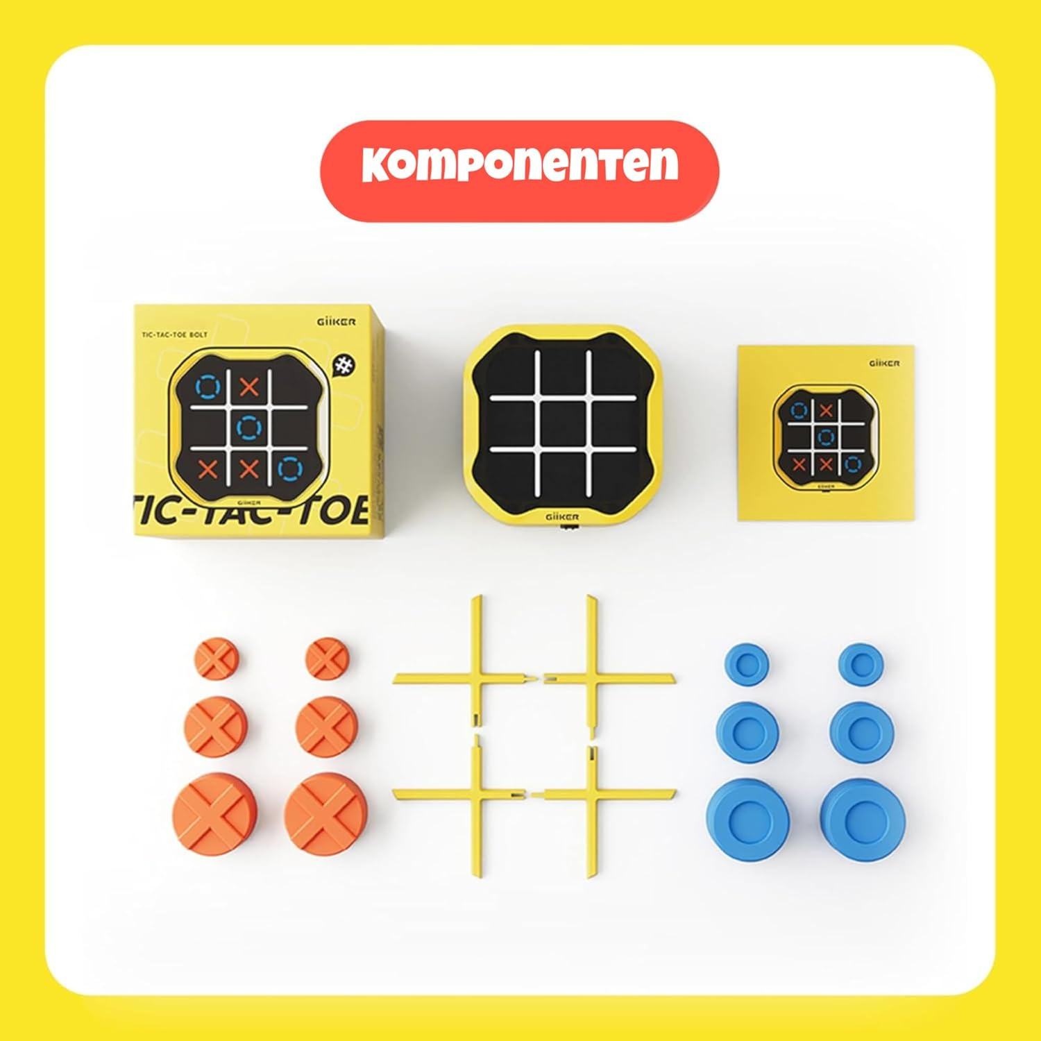 Tic-Tac-Toe Spielset mit Verpackung, Spielbrett, Anleitung, orangen und blauen Steinen sowie gelben Gittern.