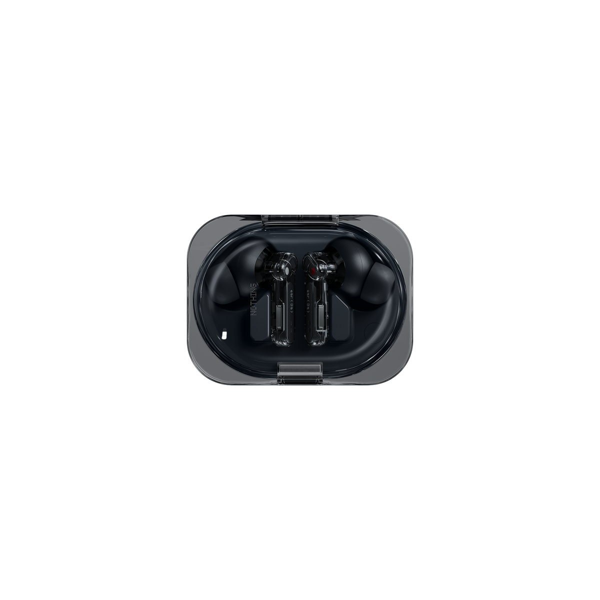 Vista superior de auriculares inalámbricos negros dentro de un estuche de carga transparente sobre fondo negro.
