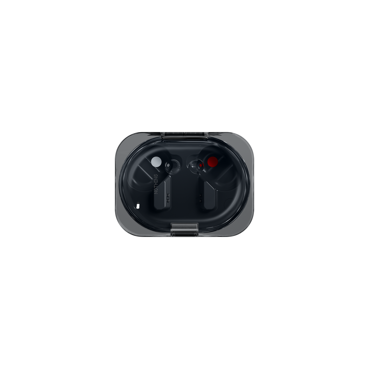 Estuche transparente negro para auriculares inalámbricos con dos auriculares y un punto rojo y blanco.
