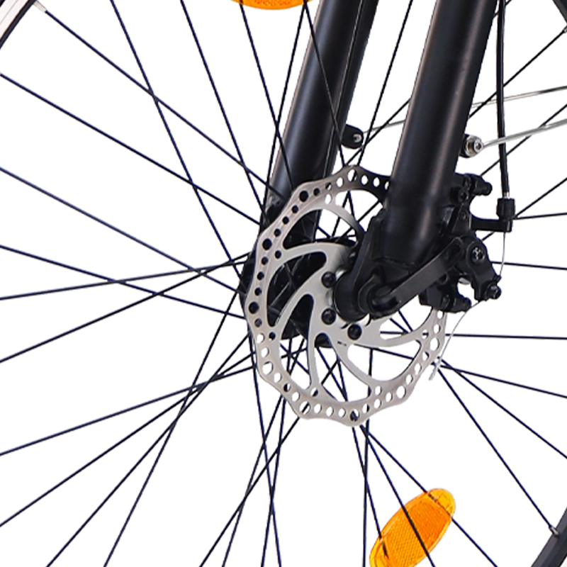 Primo piano della ruota anteriore di una bicicletta con disco freno argentato, forcelle nere e raggi.