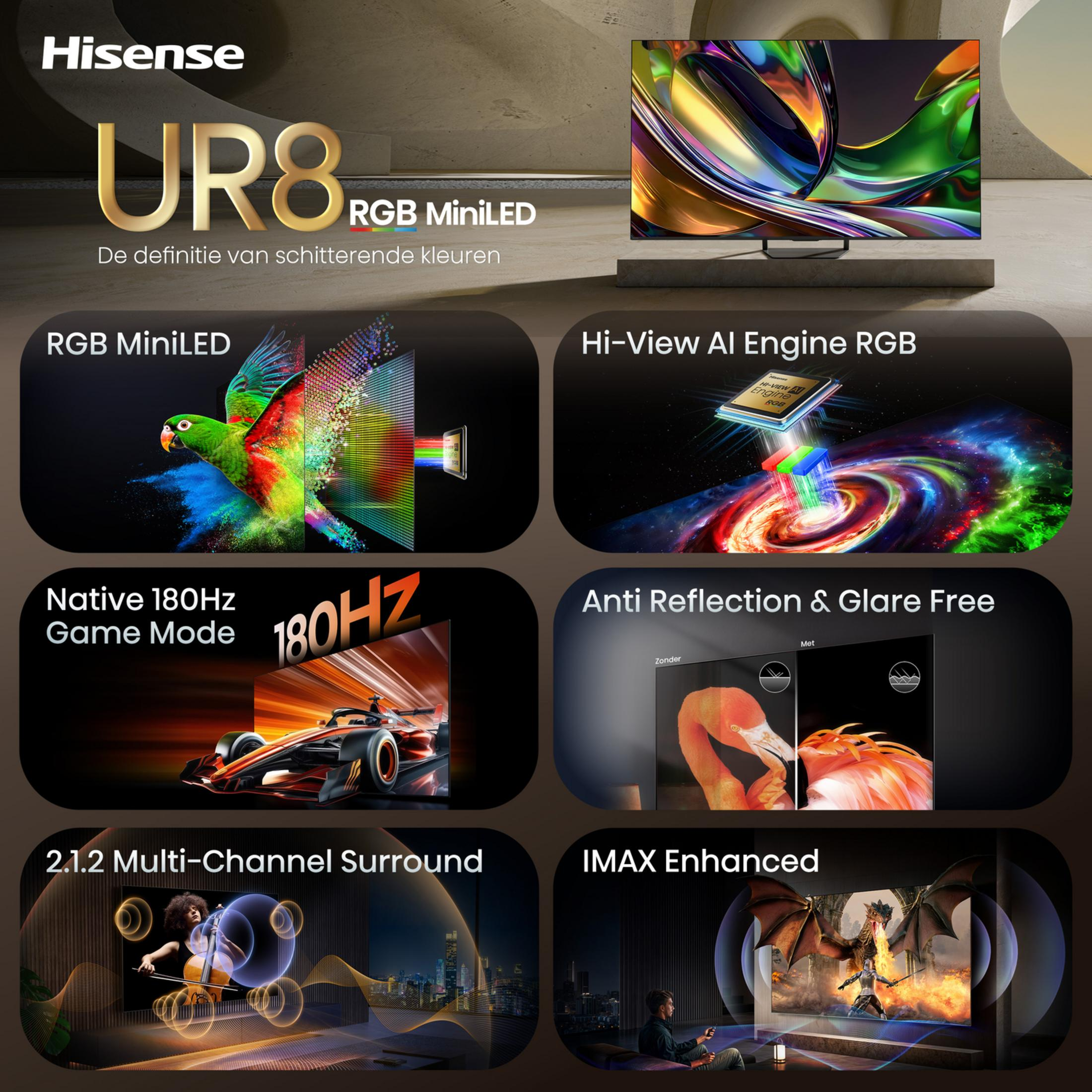 Televisor Hisense UR8 RGB MiniLED con funciones como 180Hz, motor de IA, antirreflejos y sonido envolvente.