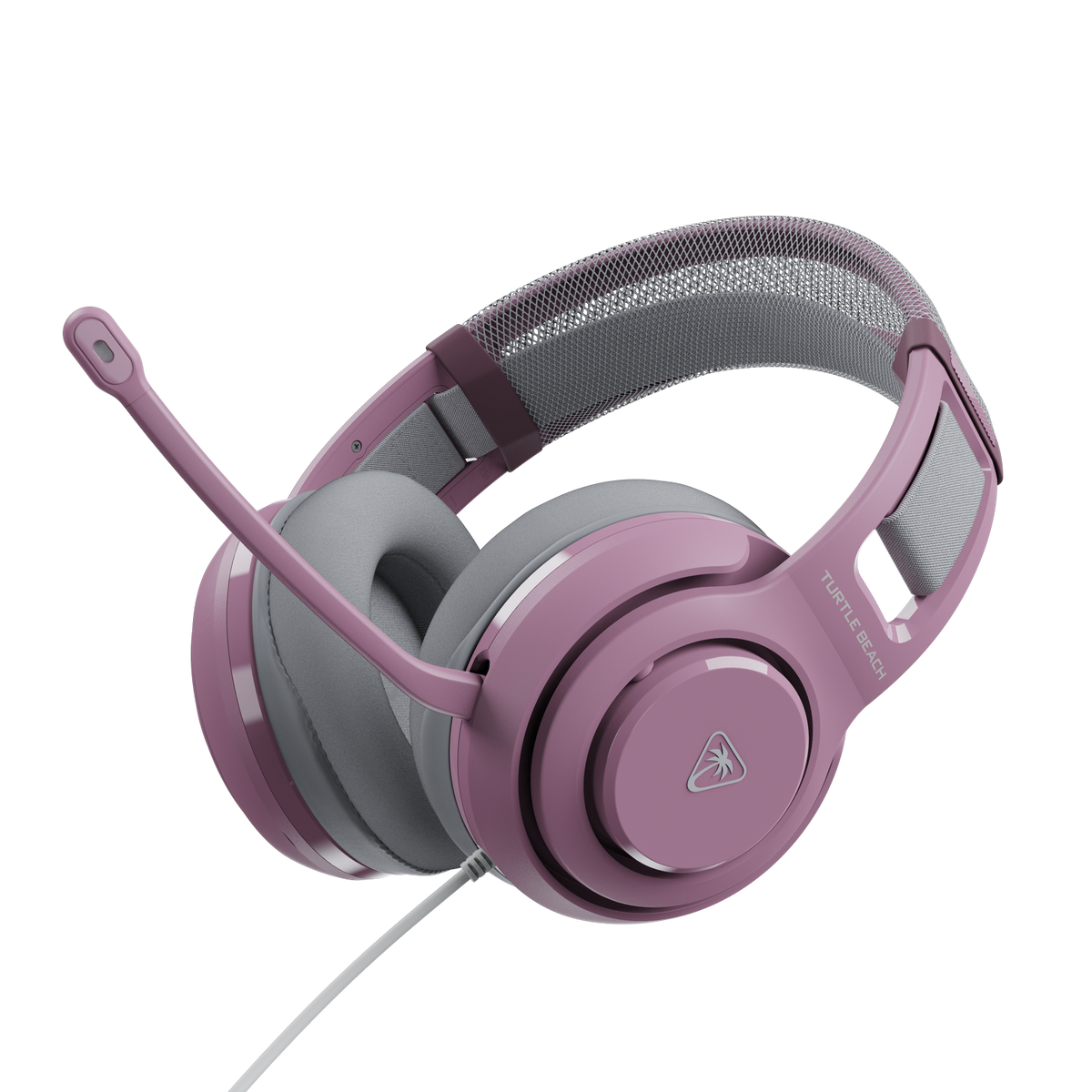 Cuffie da gioco rosa con cuscinetti grigi e microfono integrato su sfondo nero.