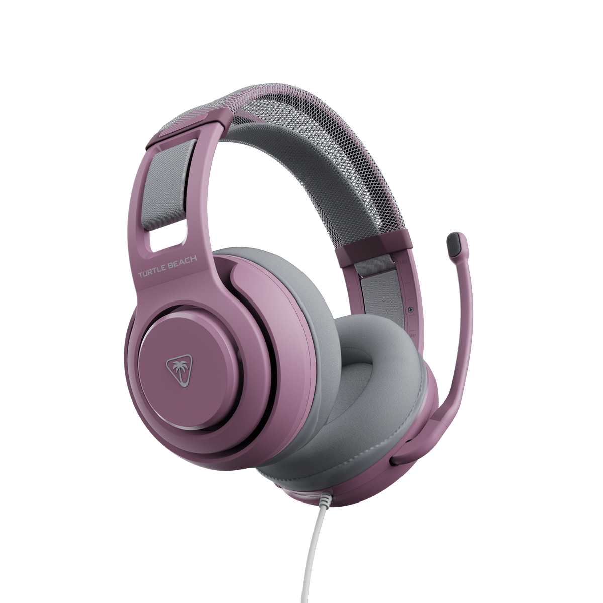 Cuffie da gaming Turtle Beach rosa e grigie con microfono a filo su sfondo nero.