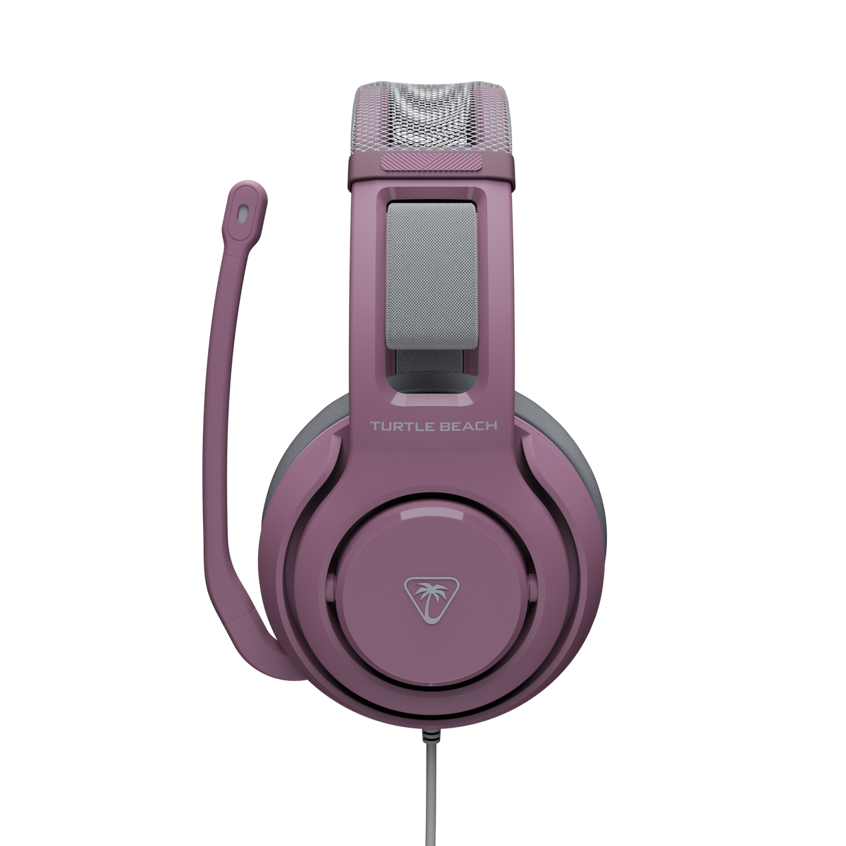 Cuffie da gioco Turtle Beach rosa con microfono attaccato su sfondo nero.