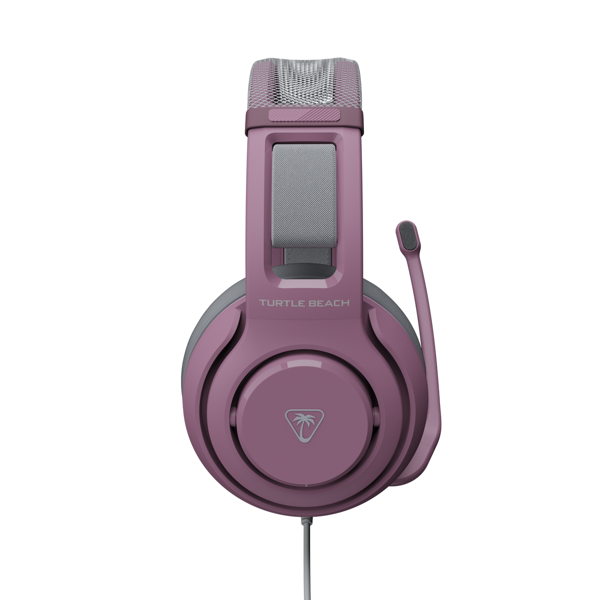 Cuffie da gaming rosa Turtle Beach con microfono e archetto grigio su sfondo nero.