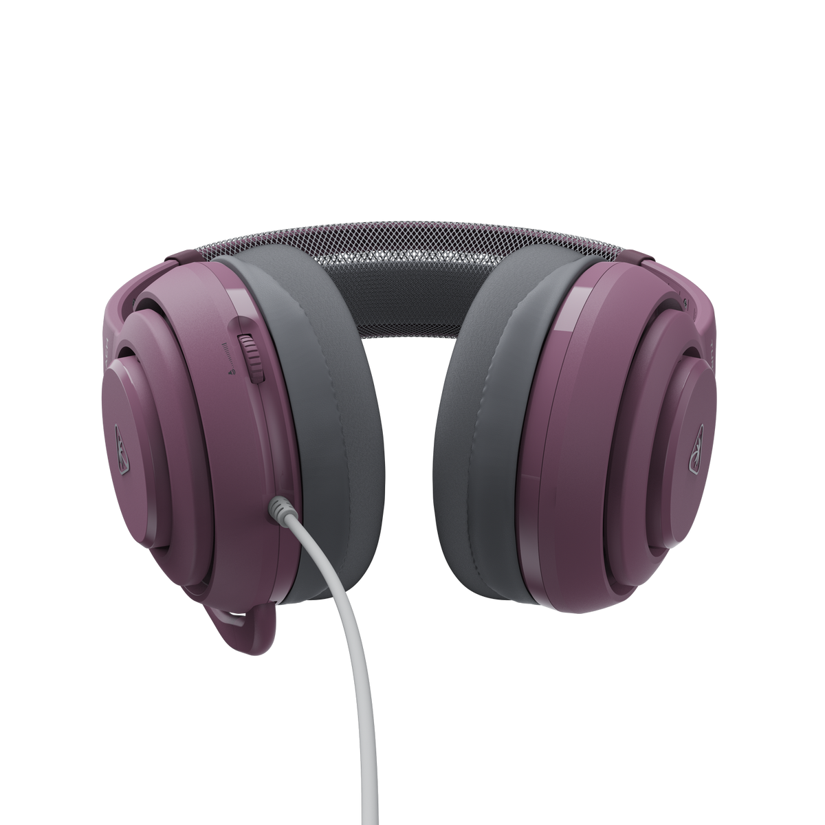 Cuffie over-ear viola con cuscinetti grigi e un cavo bianco su sfondo nero.