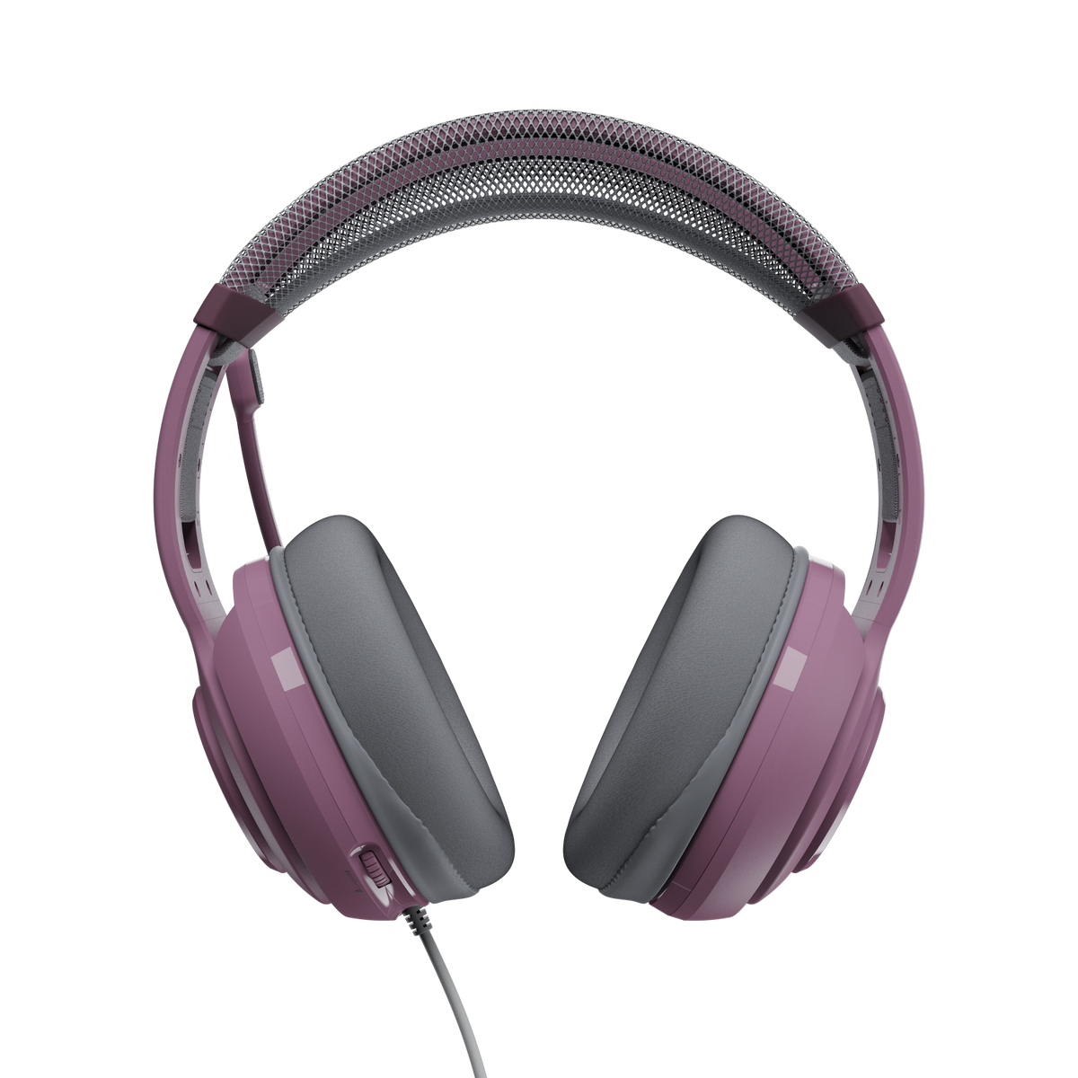 Cuffie over-ear con filo rosa e grigio con archetto in rete su sfondo nero.