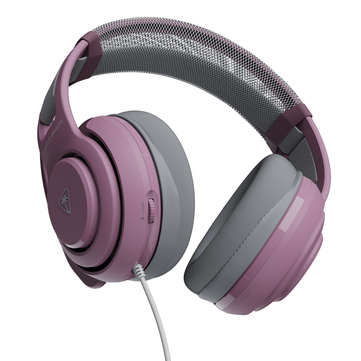 Cuffie da gioco cablate rosa e grigie con archetto in rete e rotella del volume, su sfondo nero.