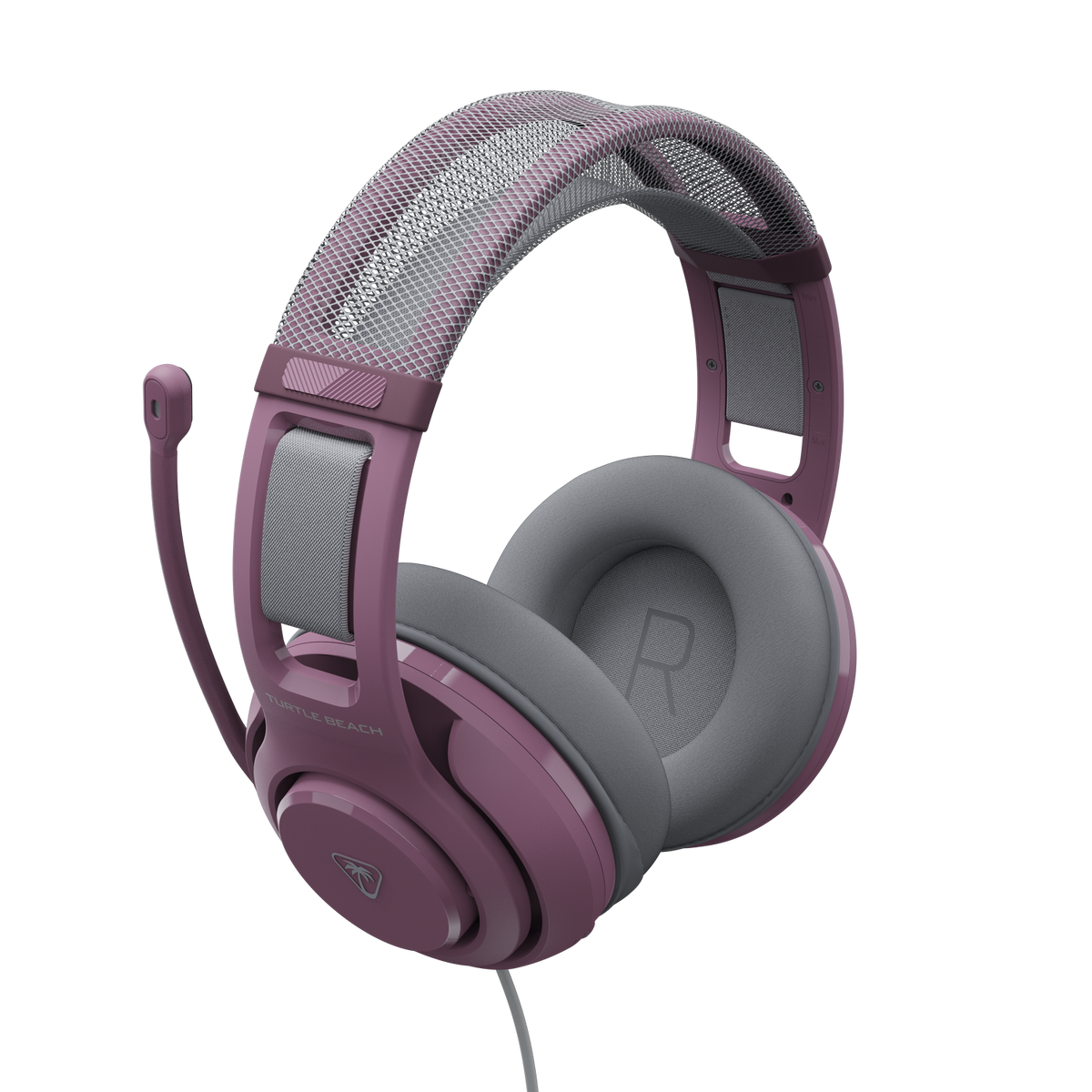 Cuffie da gaming rosa con archetto in rete grigia, morbidi padiglioni auricolari e microfono su sfondo nero.