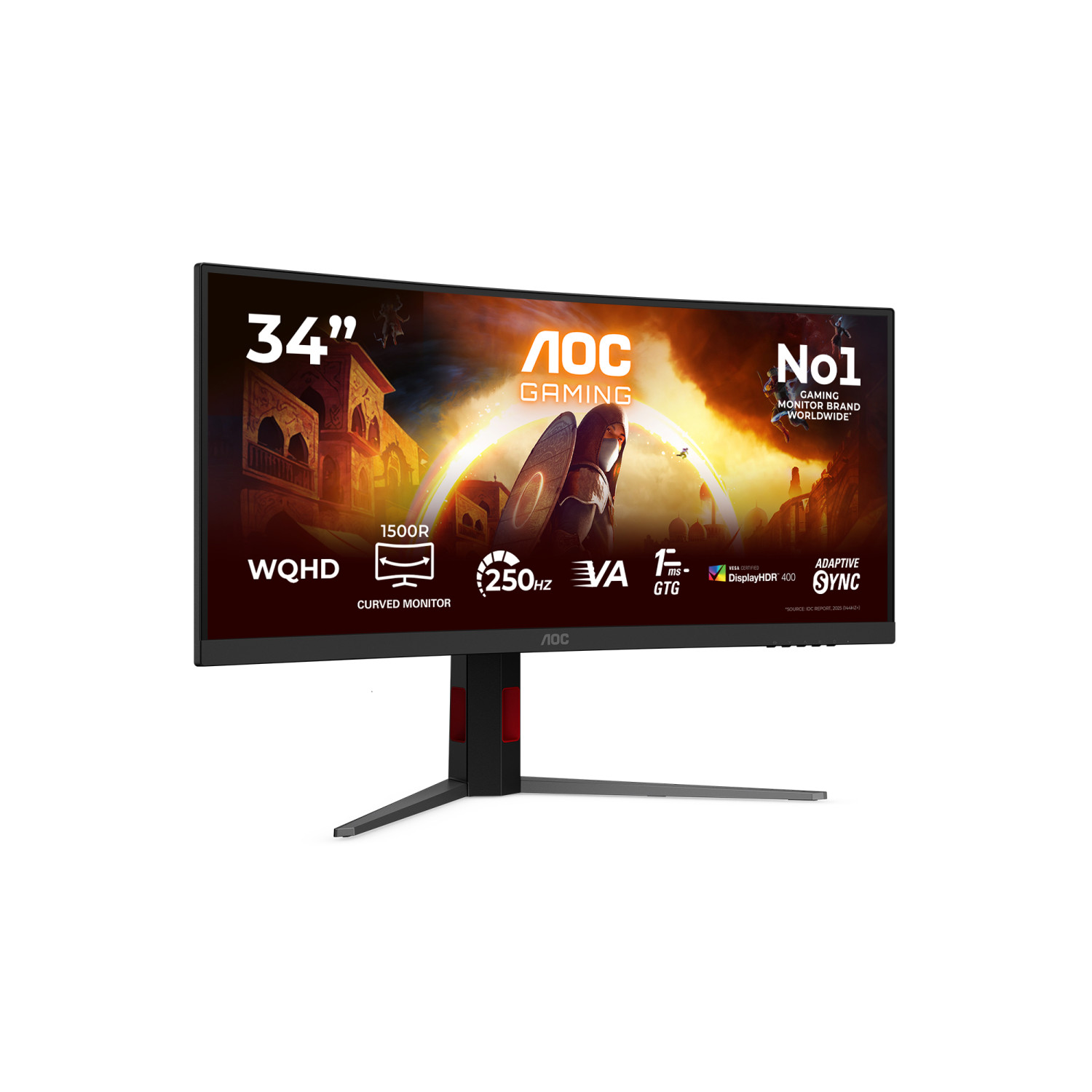 Un monitor curvo para juegos AOC de 34 pulgadas que muestra gráficos de juegos y especificaciones.