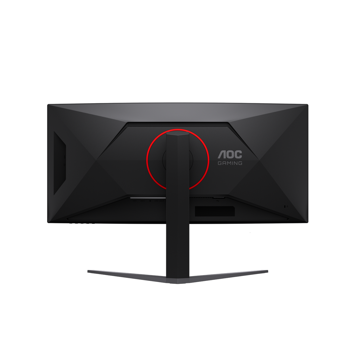 Vista trasera de un monitor gaming AOC negro con luz circular roja en un soporte sobre fondo negro.