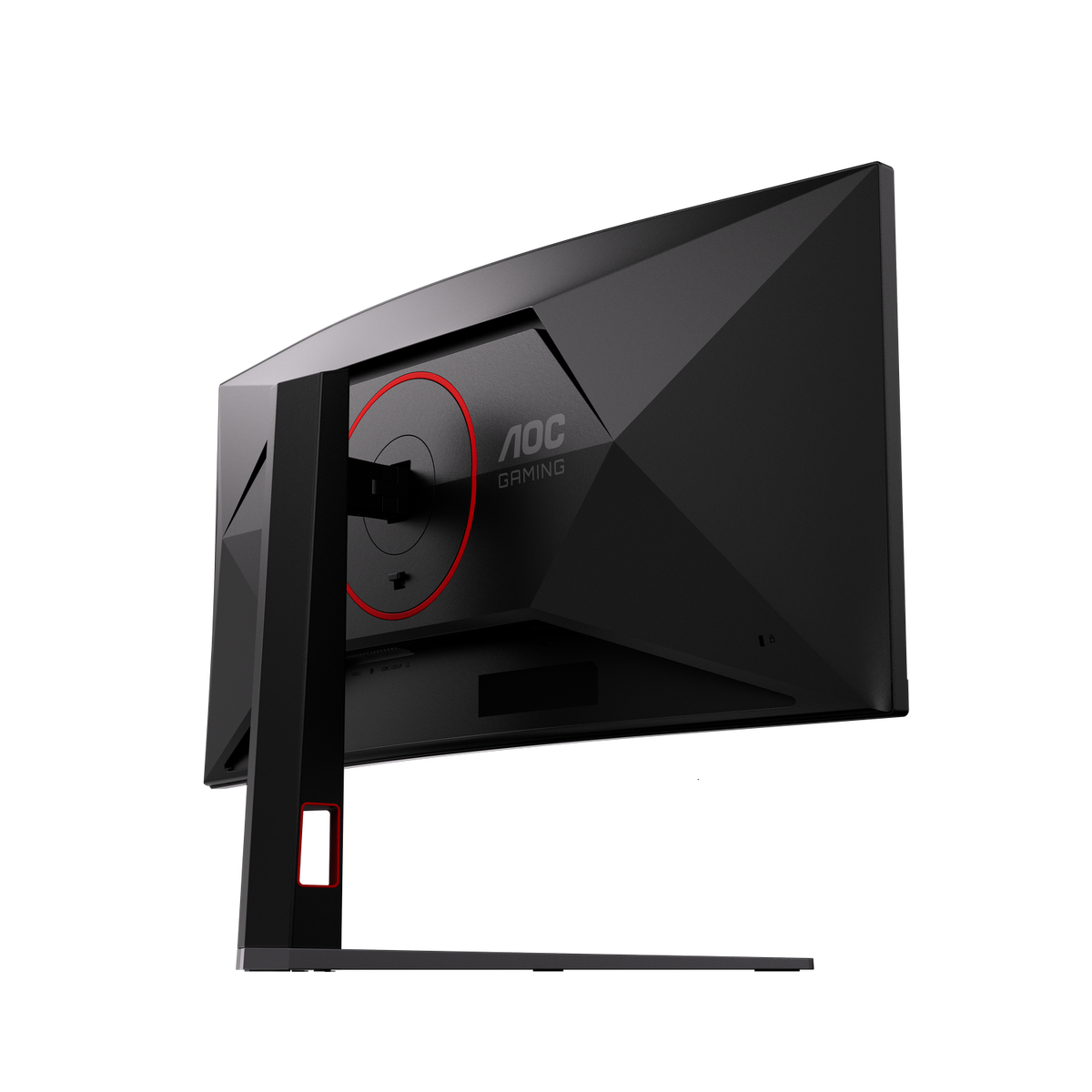 La parte trasera de un monitor de juegos AOC negro en un soporte con detalles en rojo sobre fondo negro.