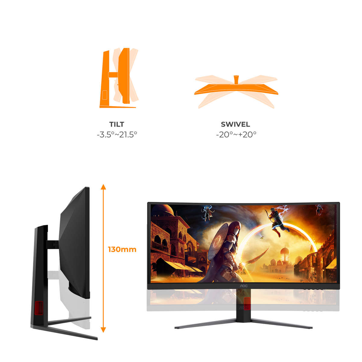 Diagrama que muestra la inclinación, giro y ajuste de altura de un monitor de juego curvo.