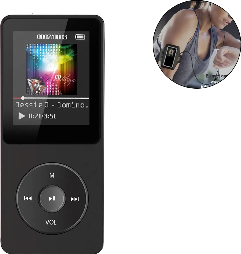 Schwarzer MP3-Player mit Display und kreisrunden Tasten; oben rechts trägt eine Frau denselben Player am Arm.