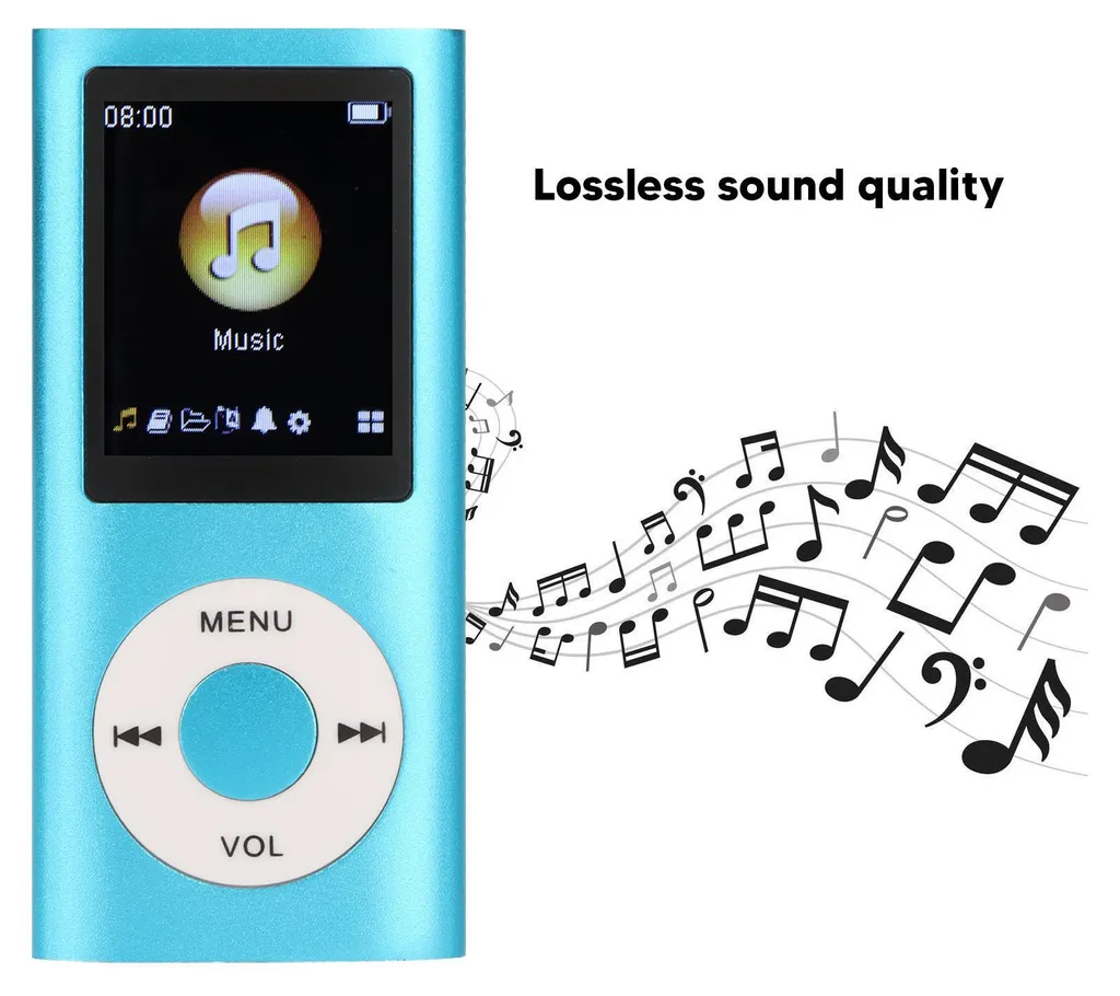 Ein blauer MP3-Player mit Musiknoten und dem Text Lossless sound quality.