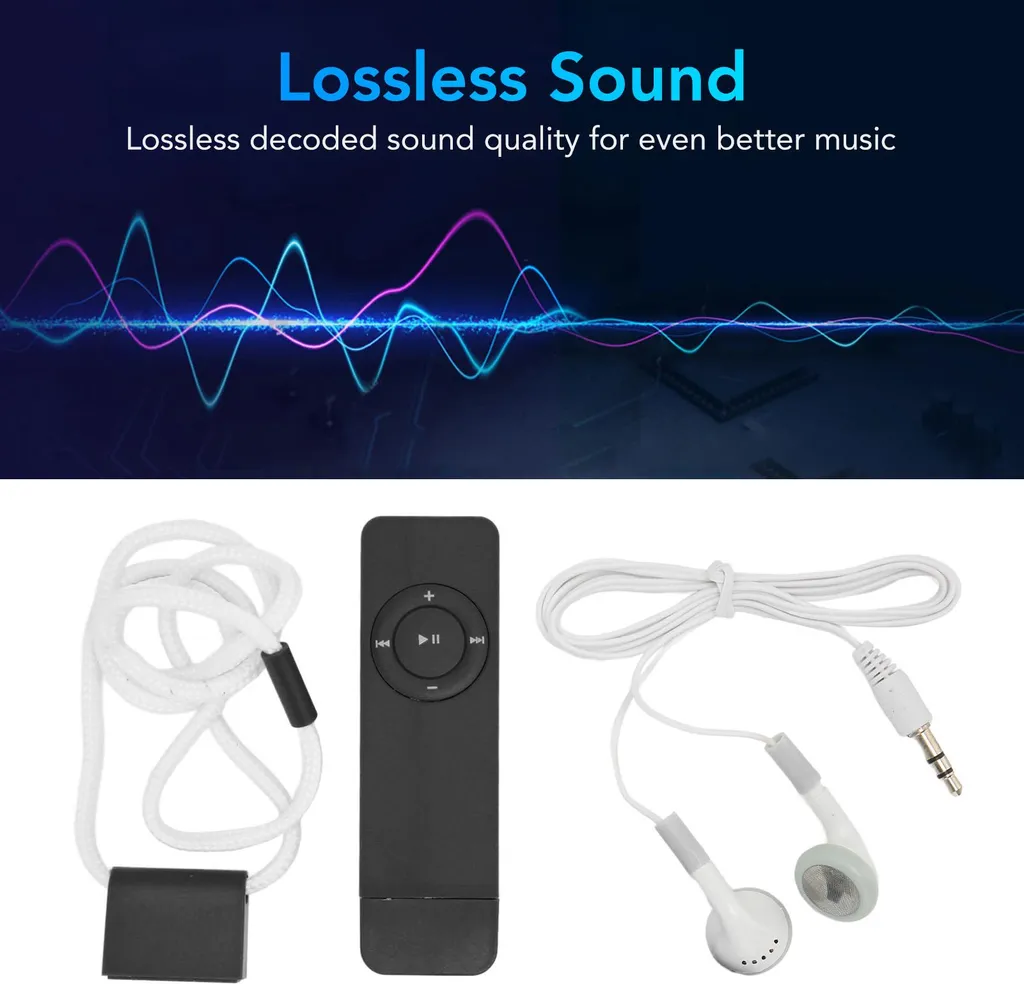 Banner mit Text 'Lossless Sound' und bunten Wellenlinien. Darunter eine weiße Kordel, eine Fernbedienung und weiße Kopfhörer.