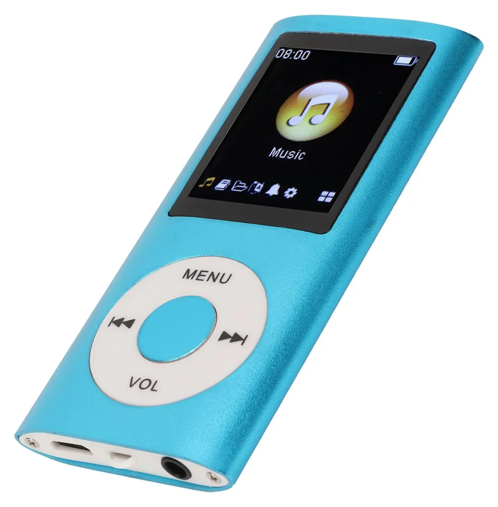 Ein blauer MP3-Player mit weißem Steuerungsrad und beleuchtetem Display.