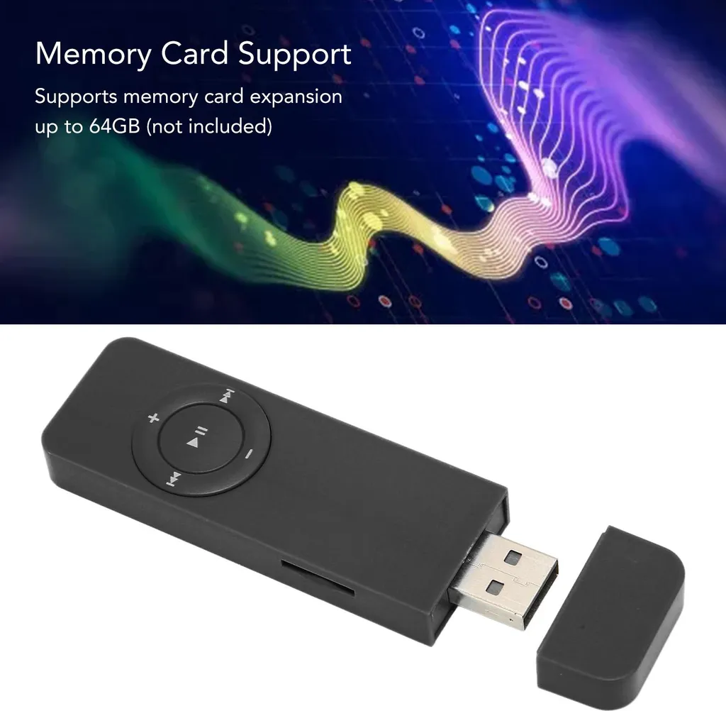 Ein schwarzer MP3-Player mit USB-Anschluss und runden Tasten, davor ein digitales Wellenmuster.