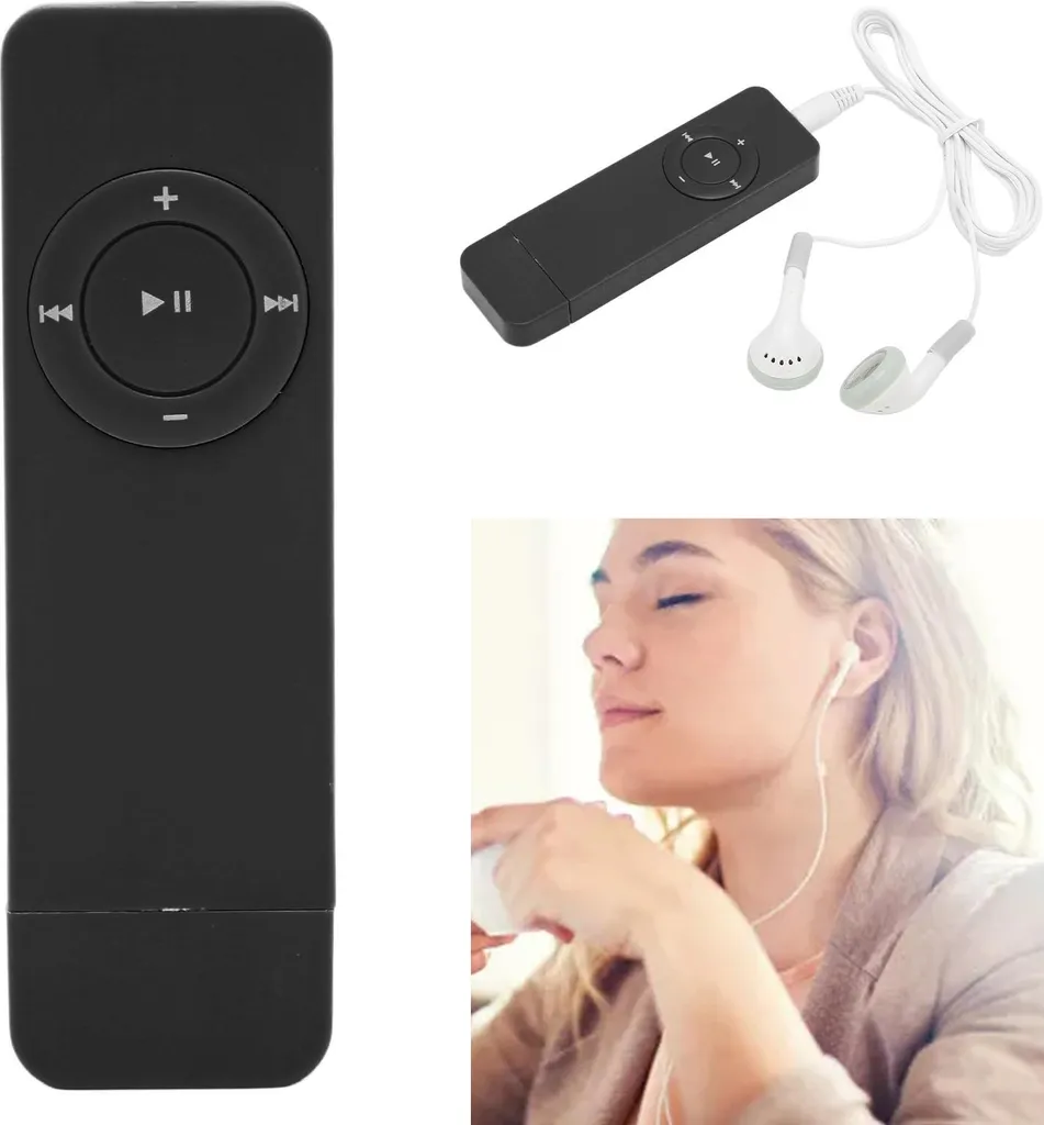 Eine schwarze MP3-Player-Fernbedienung und eine Frau, die den Player mit weißen Kopfhörern benutzt.