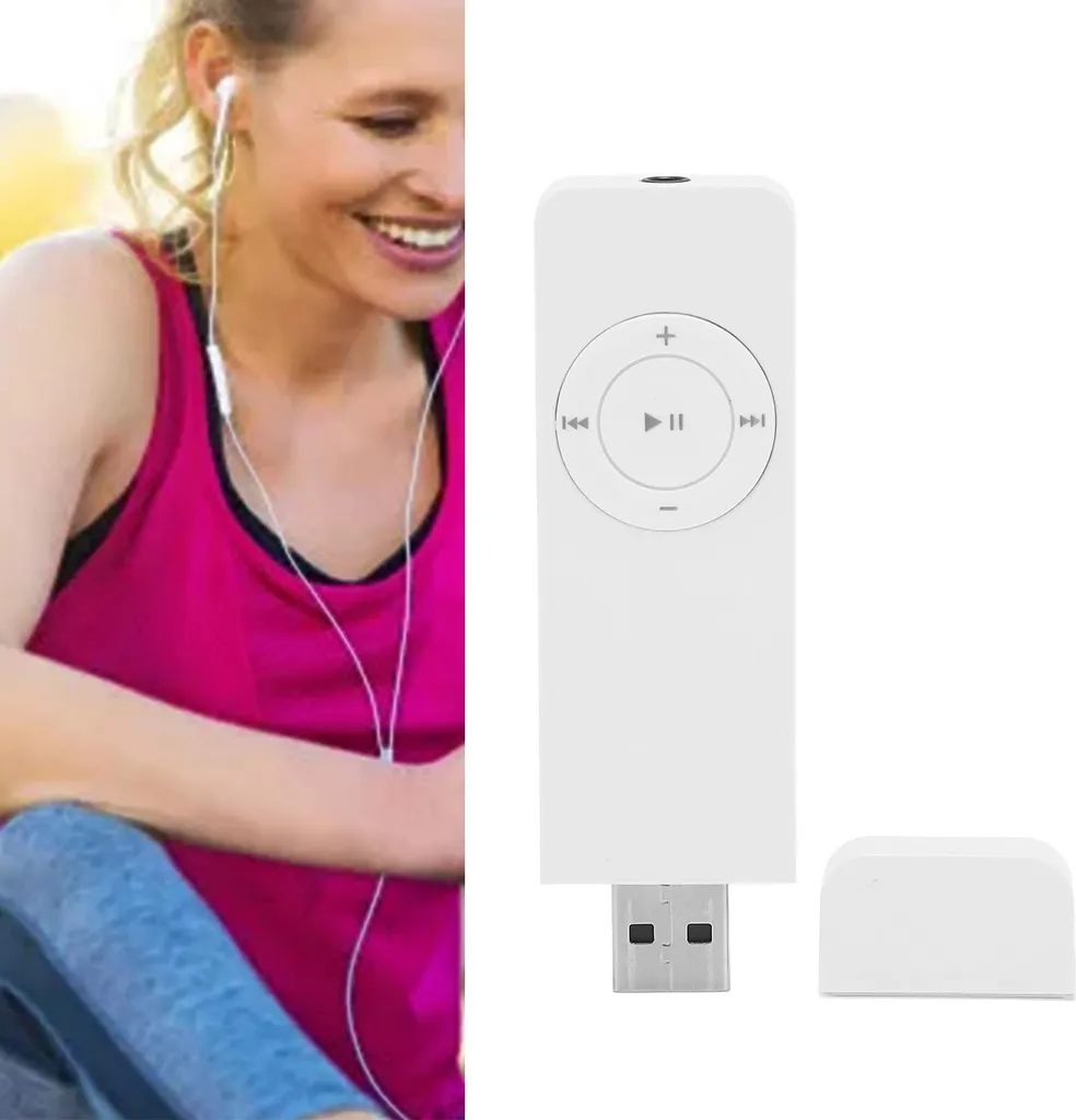 Eine Frau in Sportkleidung hört Musik mit weißen Ohrhördern neben einem weißen MP3-Player mit USB.