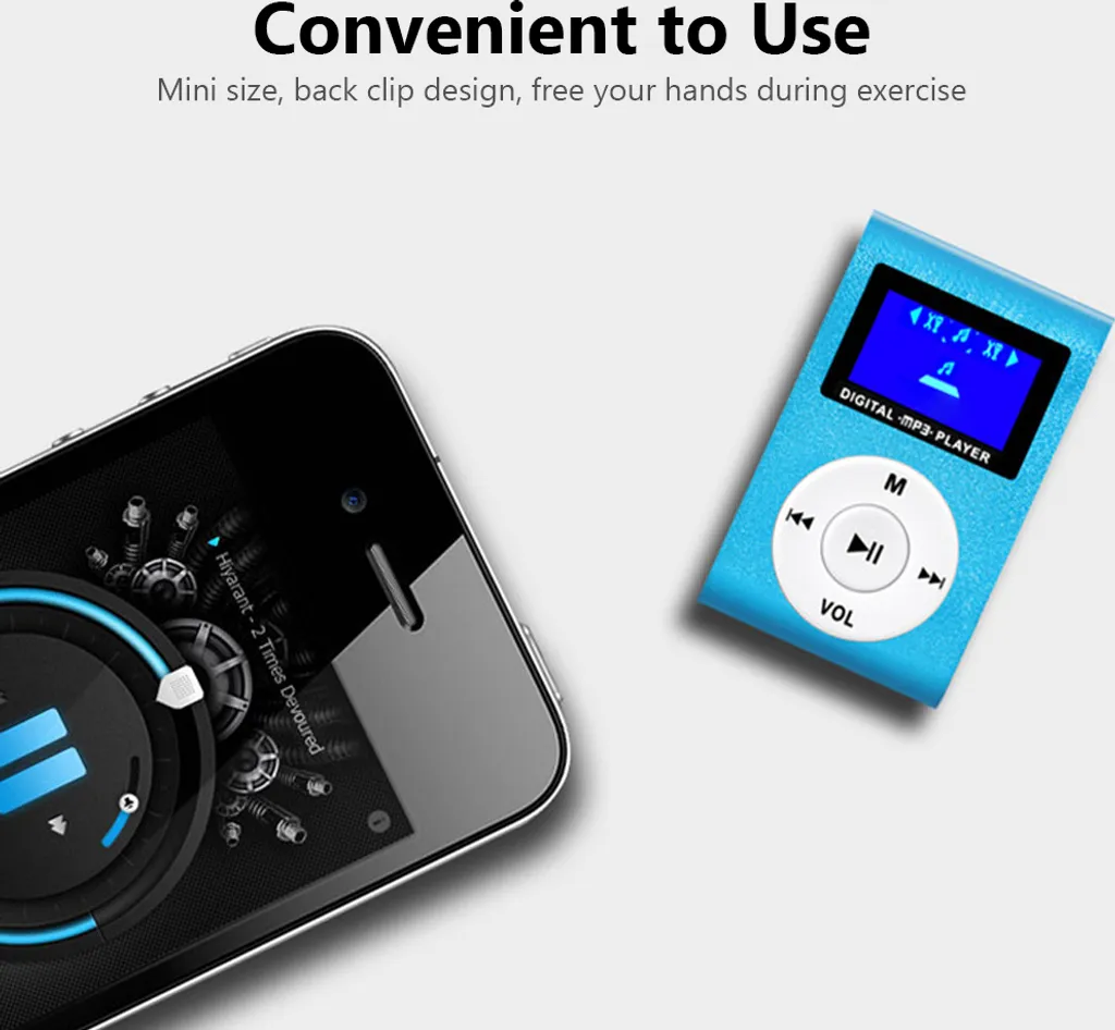 Ein blauer MP3-Player und ein Smartphone liegen auf einem grauen Hintergrund mit Text.