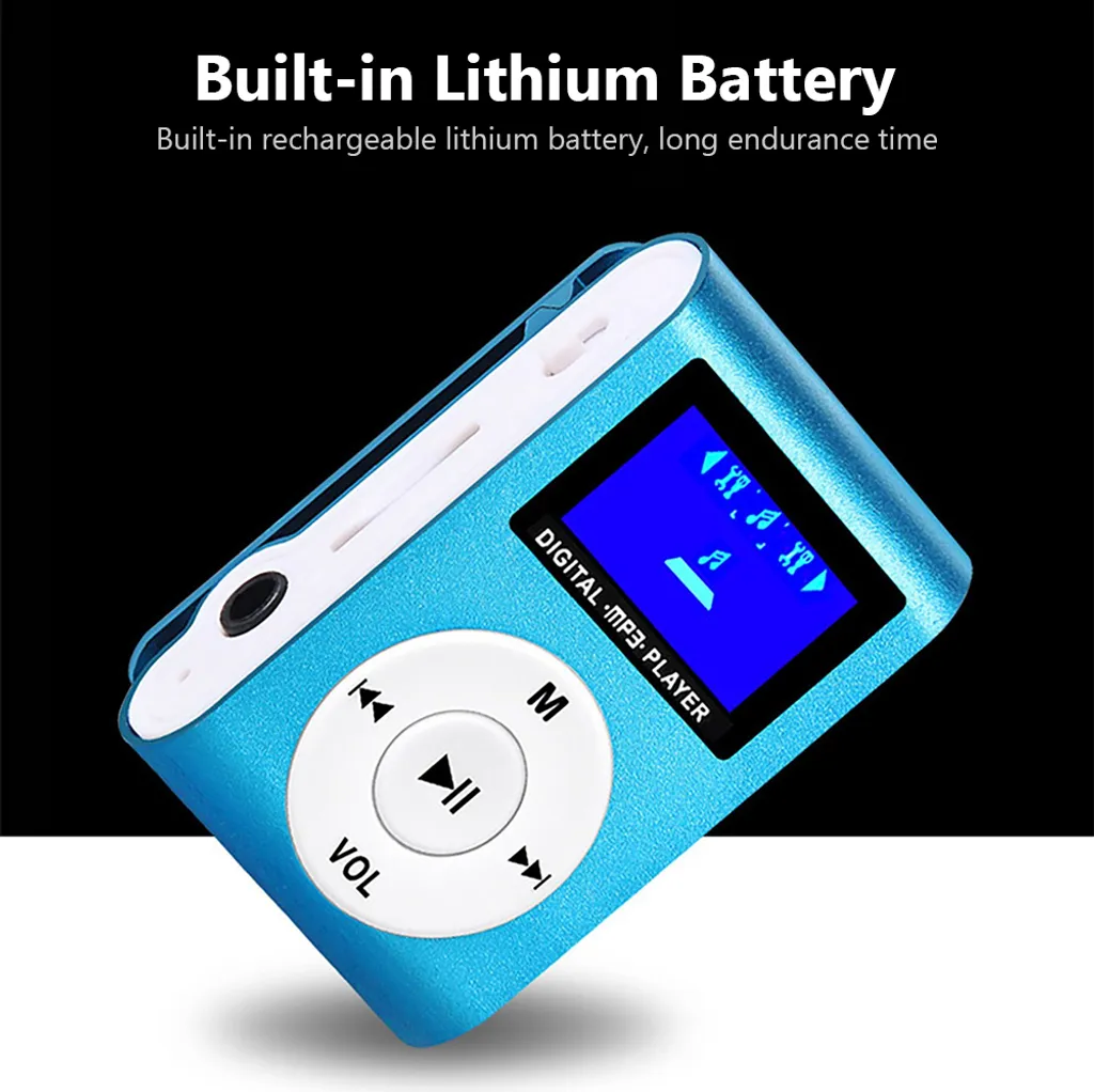 Ein blauer Digital-MP3-Player mit weißem Bedienfeld und blauem Display auf schwarzem und weißem Hintergrund.