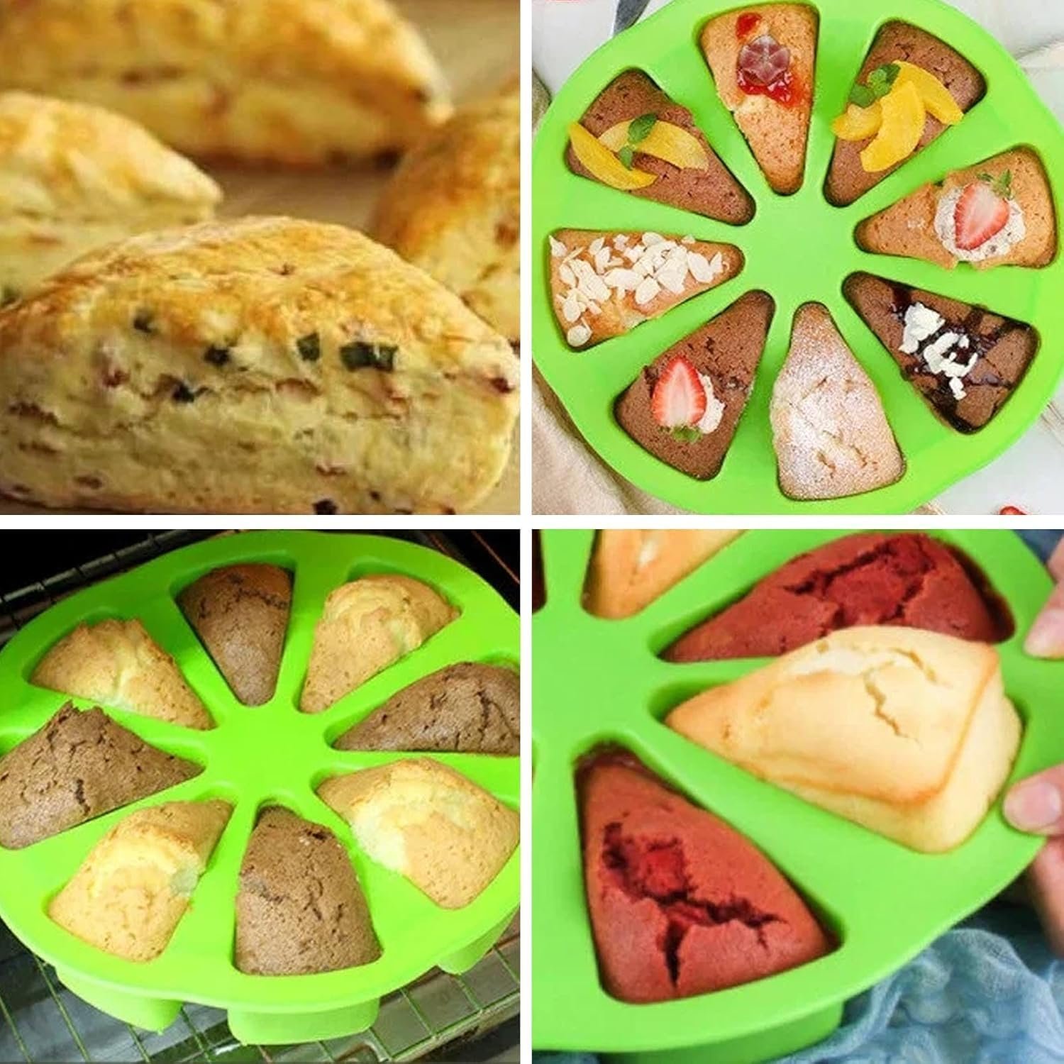 Eine Collage mit gebackenen Scones und Kuchen in einer hellgrünen Silikon-Keimform.