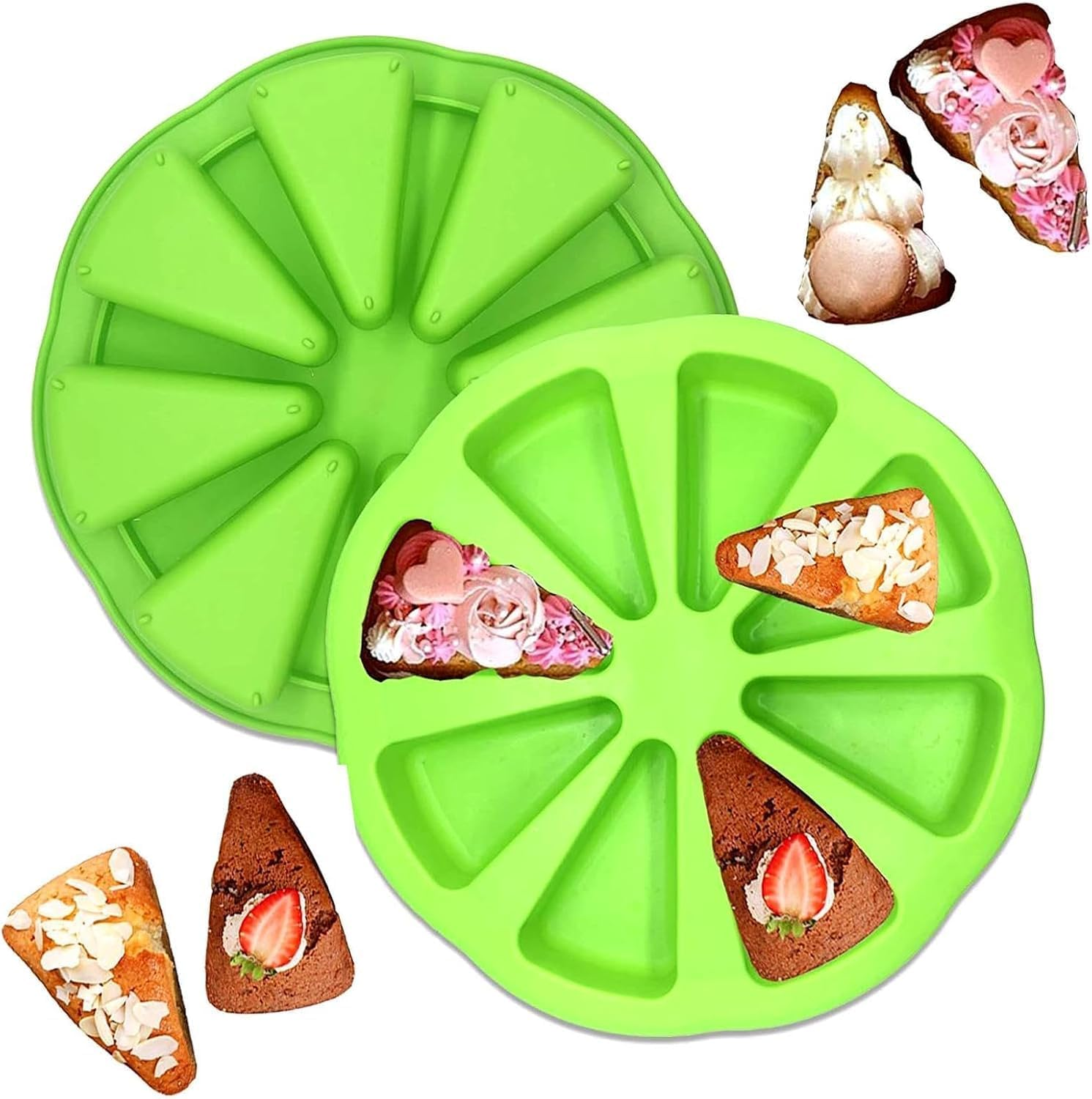 Zwei grüne Silikon-Kuchenformen mit dreieckigen Mulden, gefüllt mit verschiedenen Kuchenstücken.