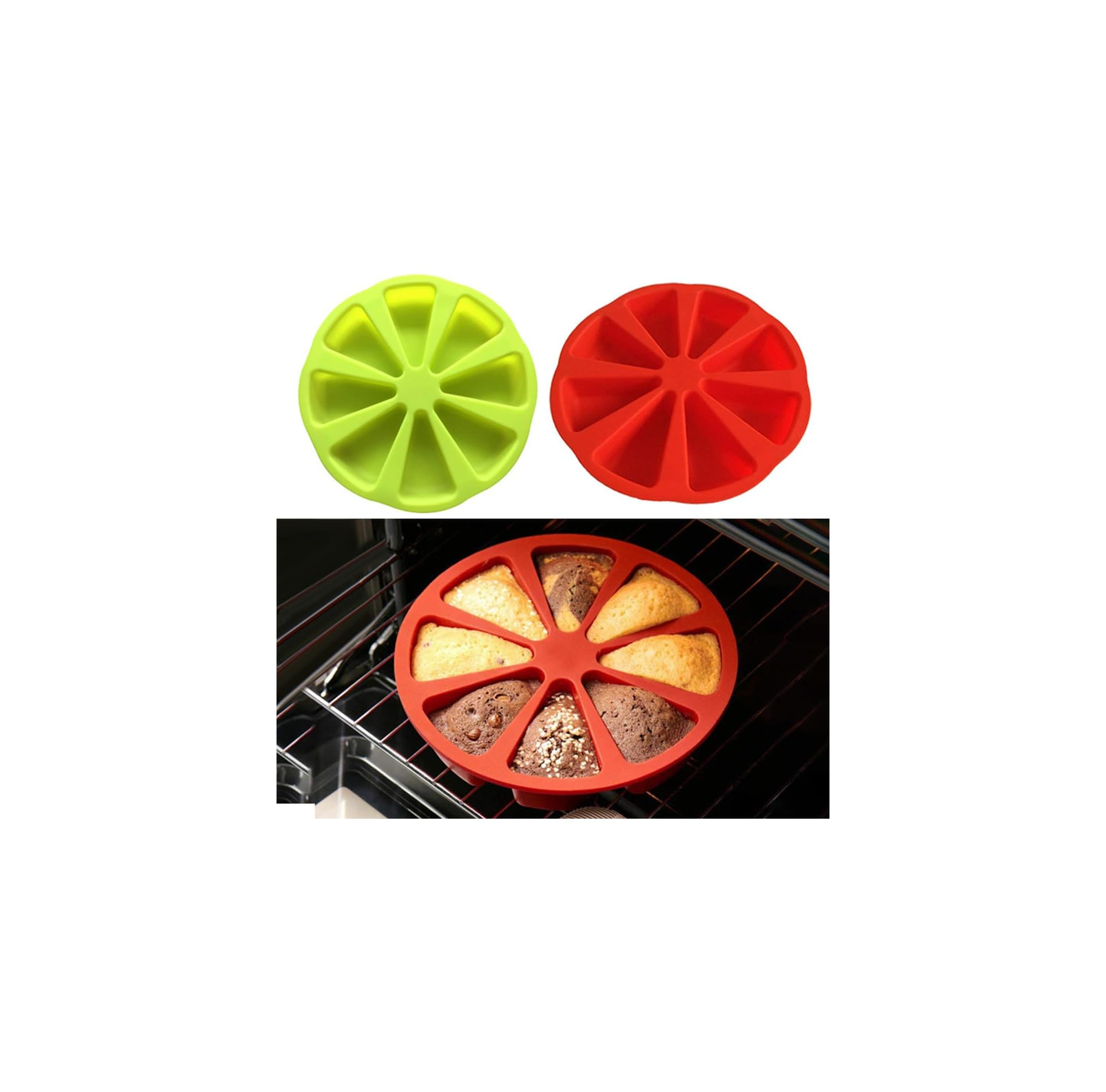Grüne und rote Silikon-Kuchenformen, eine davon mit gebackenen Kuchenstücken gefüllt im Ofen.
