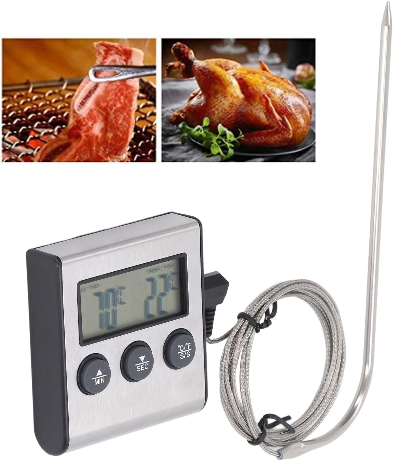 Digitale Fleischthermometer mit LCD-Display und langer Edelstahlsonde, ideal für Fleischgerichte.