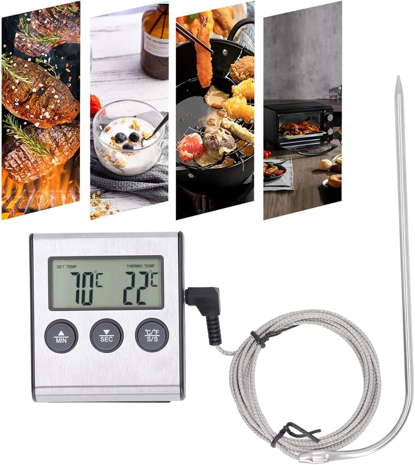 Digitale Fleischthermometer mit LCD-Display, Kabel und Sonde vor Bildern mit Lebensmitteln.