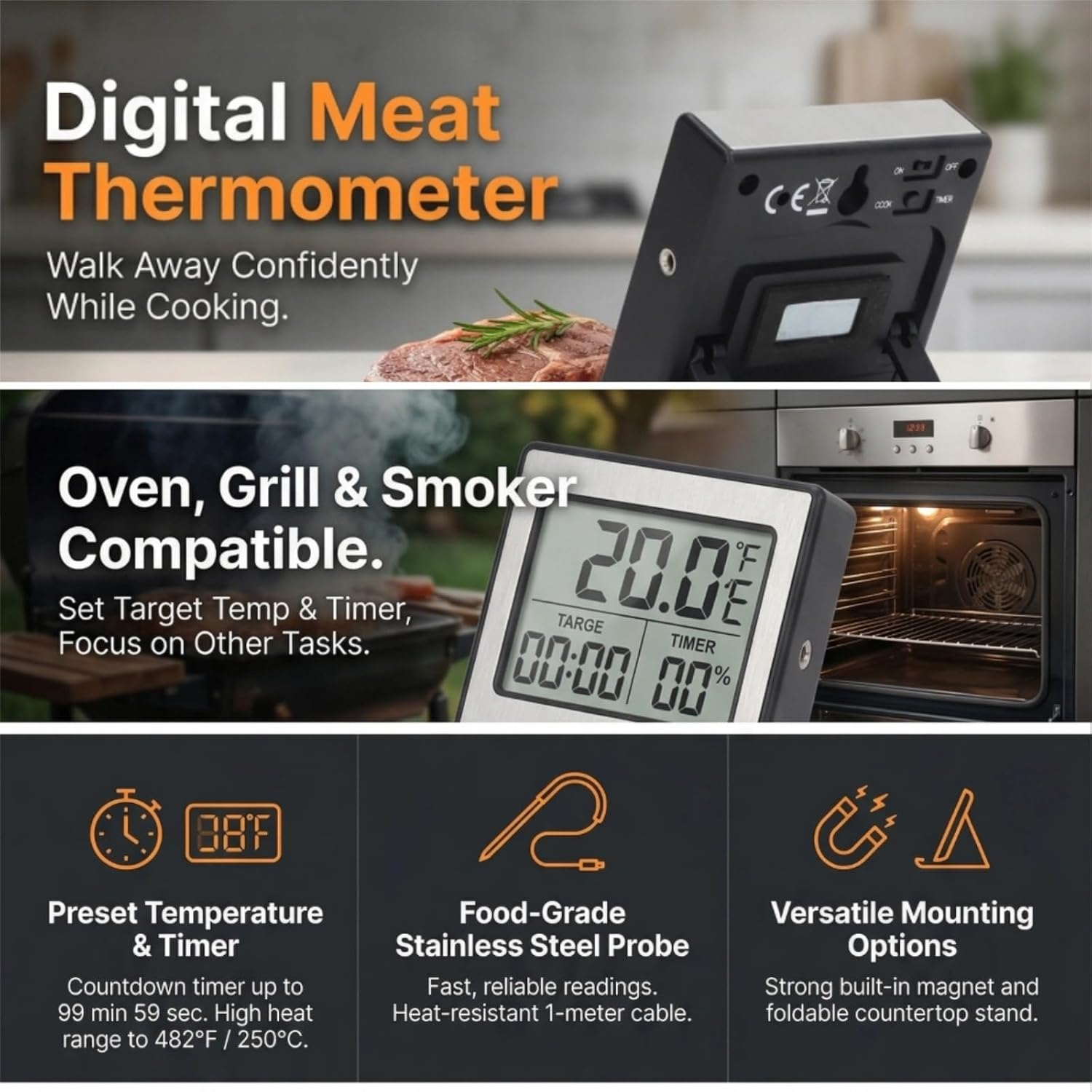 Digitale Fleischthermometer-Werbung mit Display, Edelstahlsonde und Funktionen für Ofen und Grill.