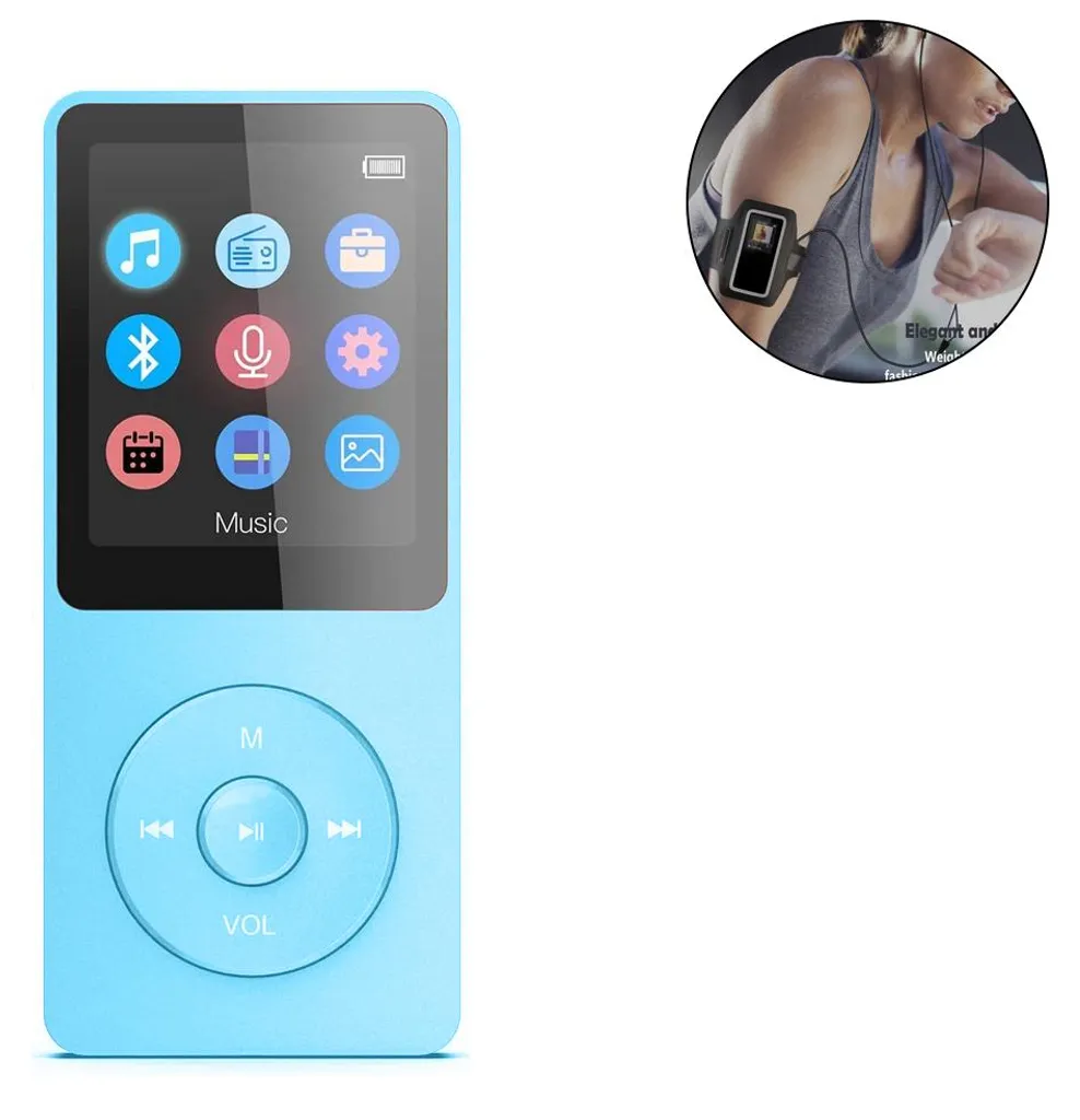 Ein blauer MP3-Player mit Touchscreen und Tasten, oben rechts ein Bild einer Joggerin mit Armtasche.