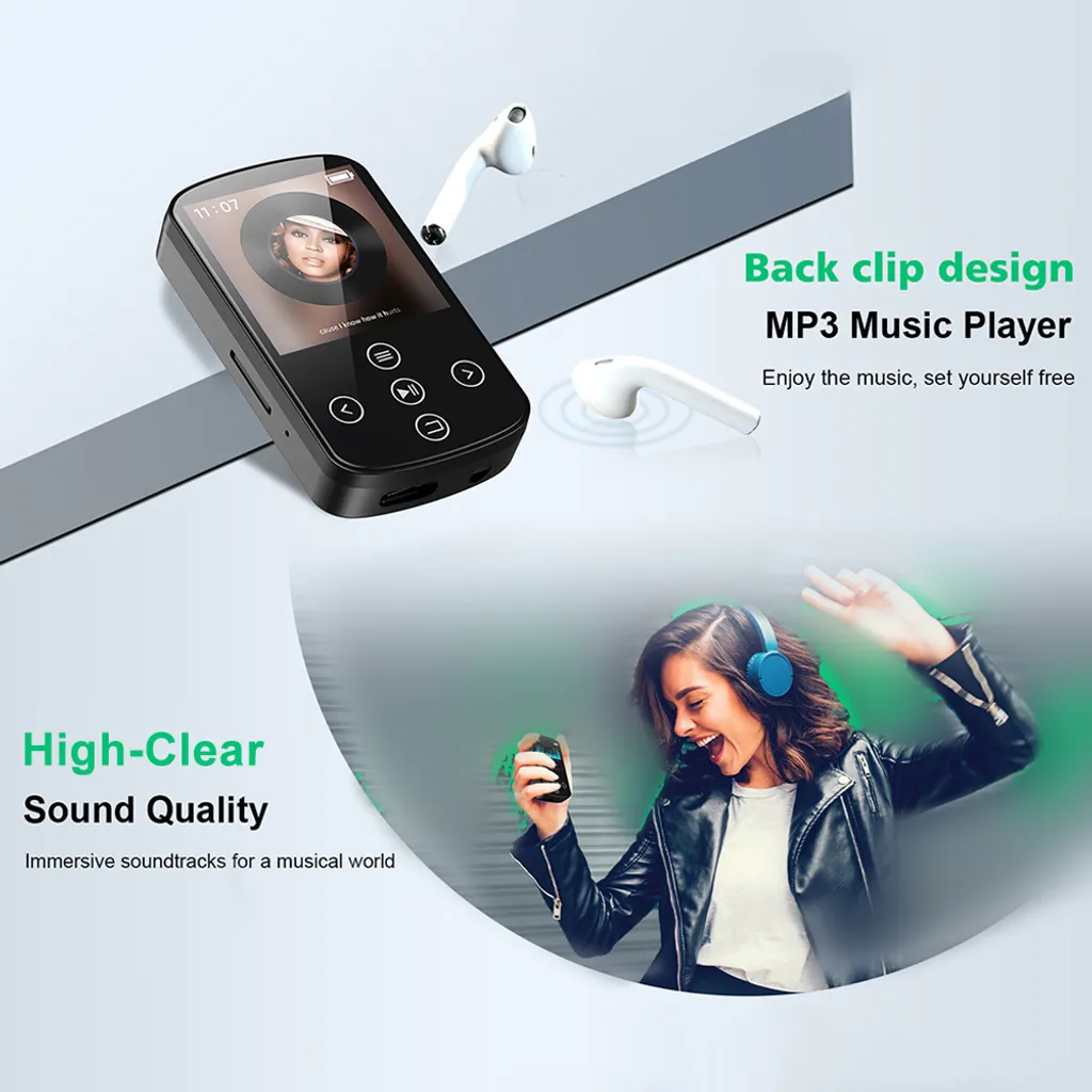 MP3-Player mit Clip, Ohrstöpseln und einer tanzenden Frau.