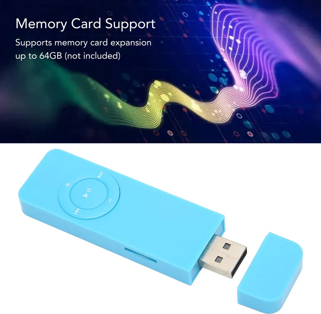 Ein blauer MP3-Player mit USB-Anschluss und runden Tasten vor weißem Hintergrund.
