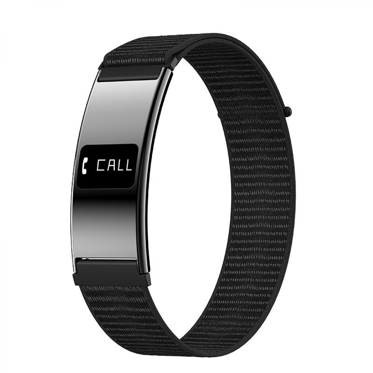 Ein schwarzer Fitness-Tracker mit gewebtem Armband und einem Bildschirm, der das Wort Anruf anzeigt.