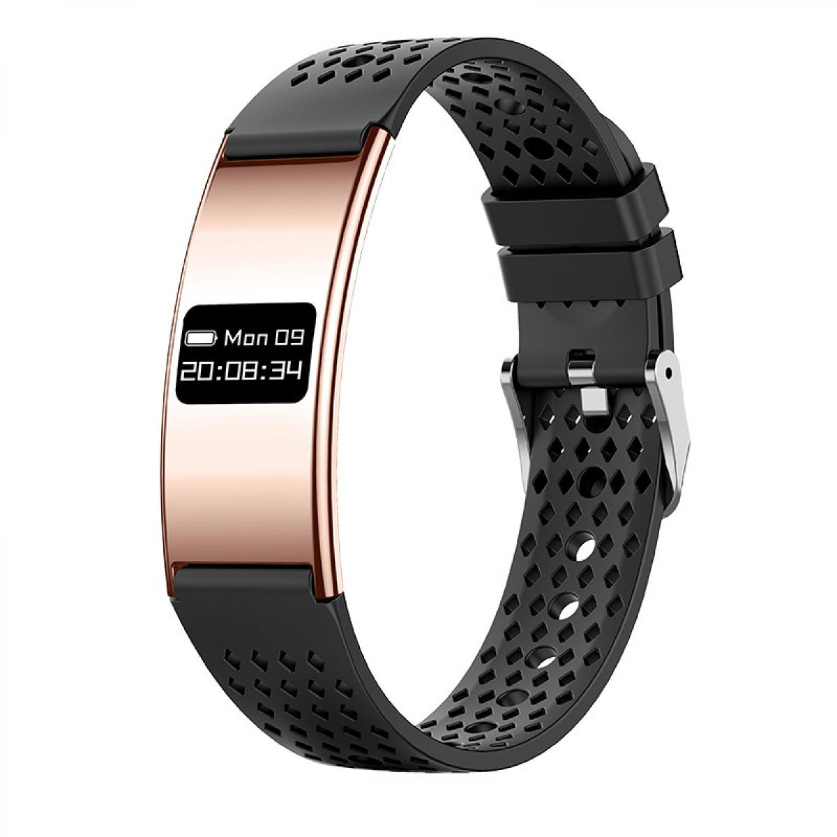 Ein Fitnessarmband mit kupferfarbenem Gehäuse und gelöchertem schwarzen Silikonarmband gegen weißen Hintergrund.