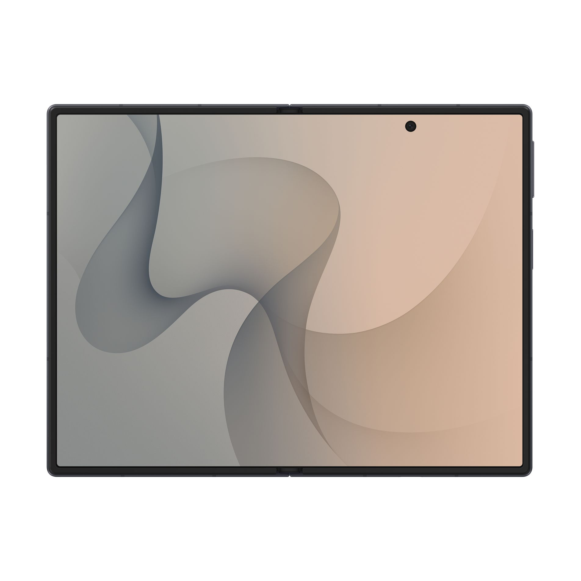 Un tablet nero mostra uno sfondo astratto ondulato nei toni del grigio e del beige.