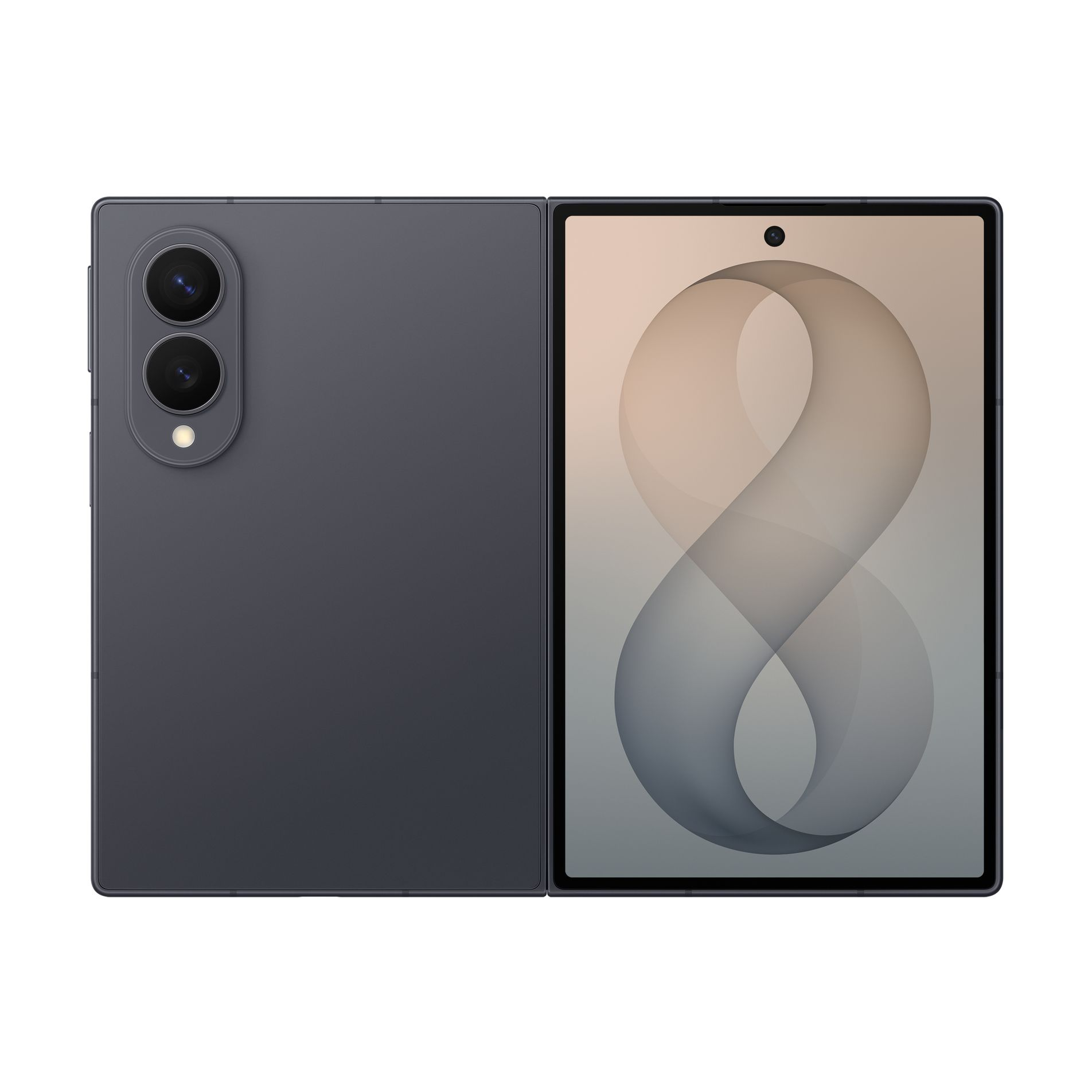 Uno smartphone pieghevole grigio con doppia fotocamera posteriore e schermo con motivo a linee fluide.