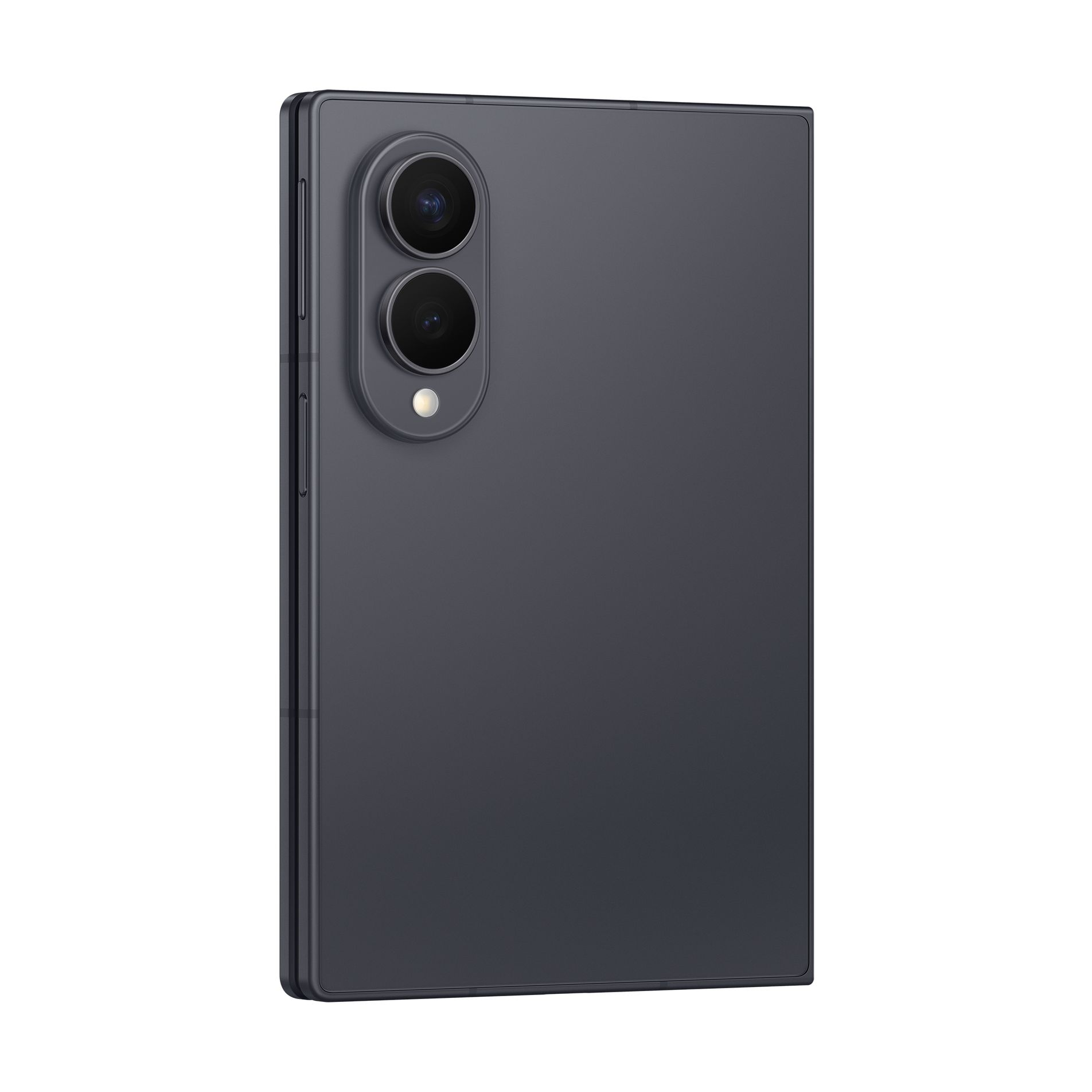 Retro di uno smartphone scuro con modulo a doppia fotocamera verticale e flash LED.