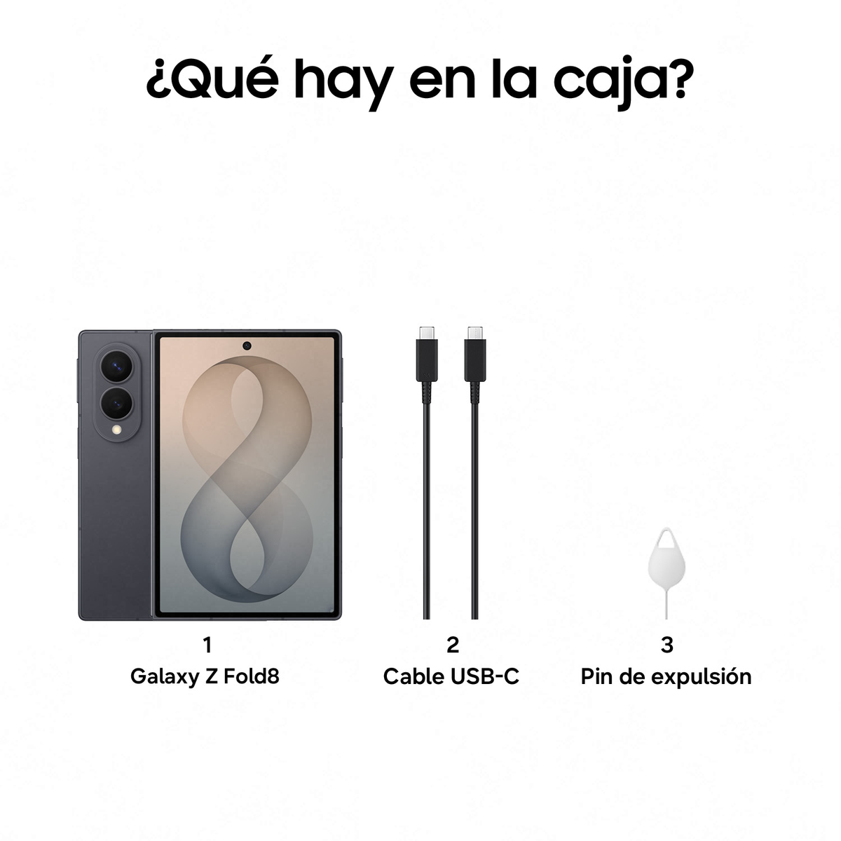 Cosa c'è nella scatola? Mostra Galaxy Z Fold8, cavo USB-C e spillina.