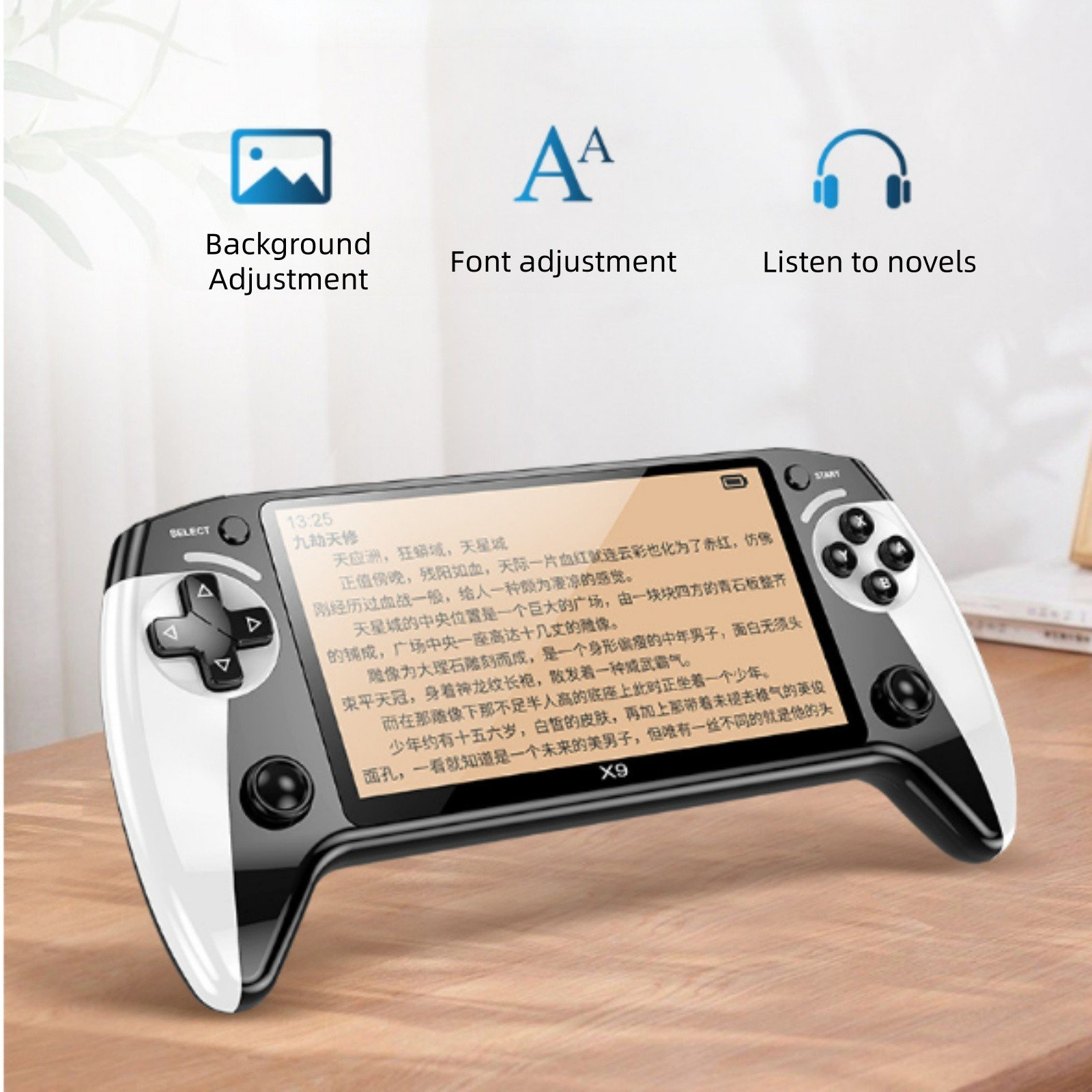 Handliches E-Book-Lesegerät im Gamepad-Design mit Einstellungsoptionen oben.