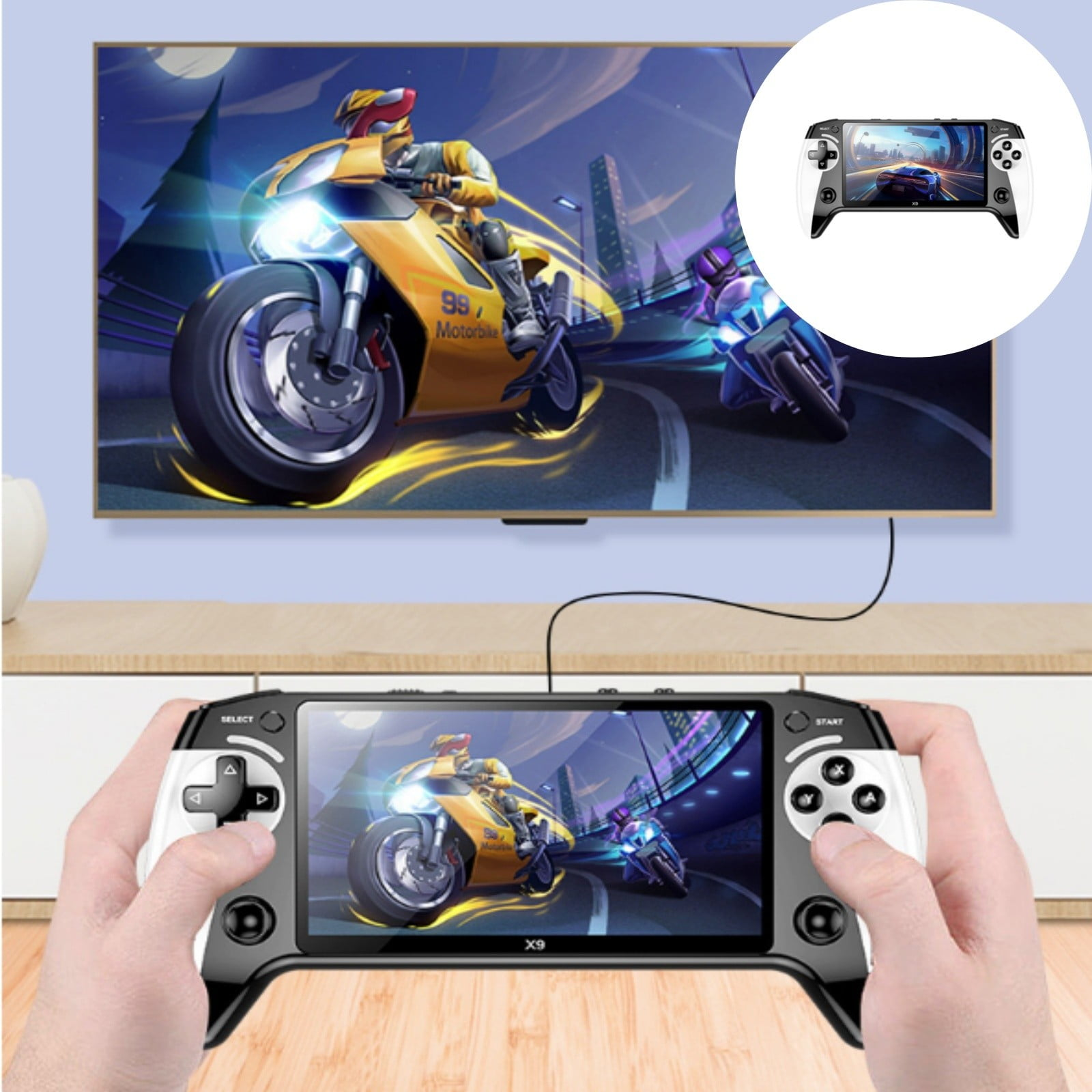 Ein tragbarer Gaming-Controller zeigt ein Rennspiel, während ein TV-Bildschirm dasselbe Spiel im Hintergrund anzeigt.