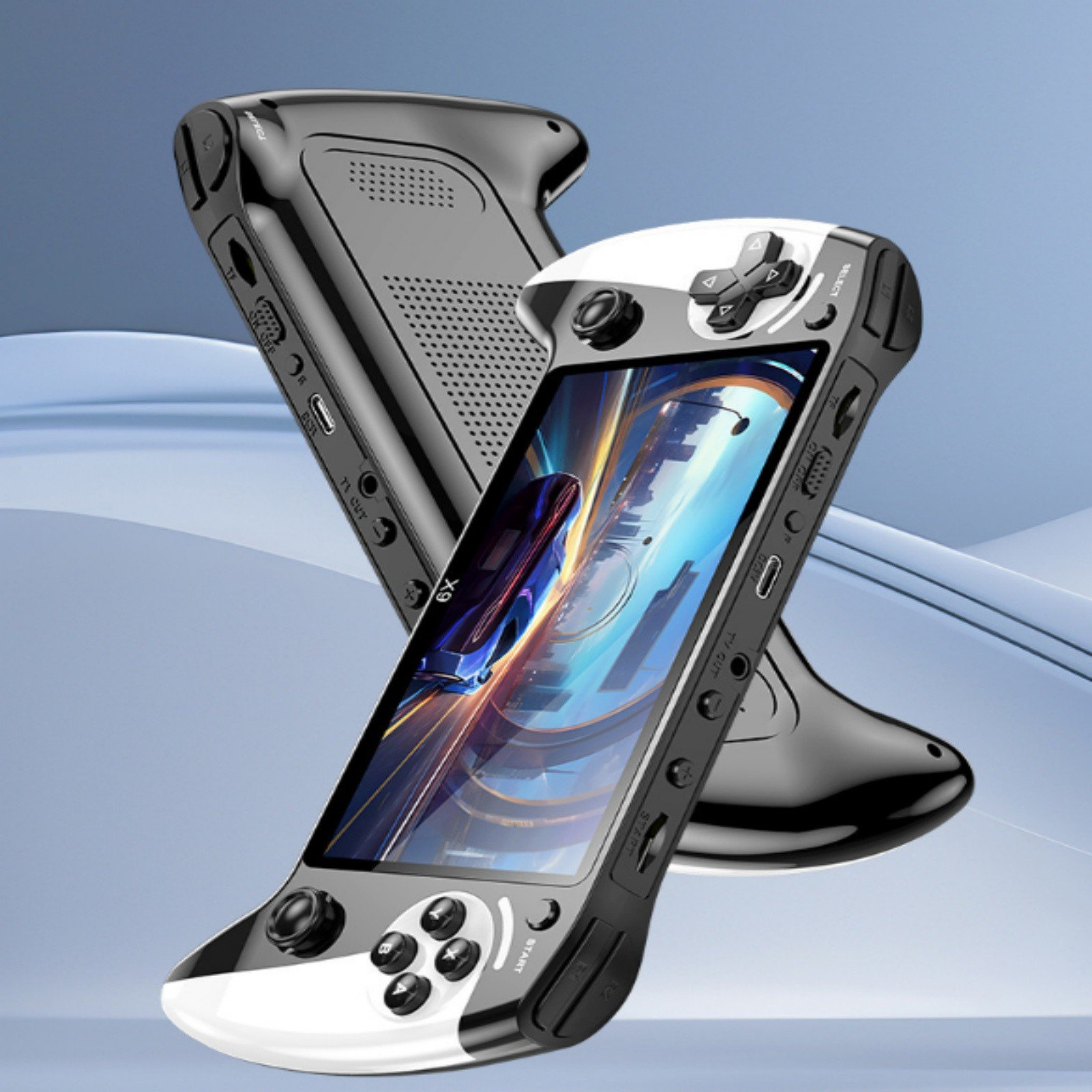 Schwarze und weiße Handheld-Spielekonsole mit aktivem Bildschirm auf blauem Hintergrund.