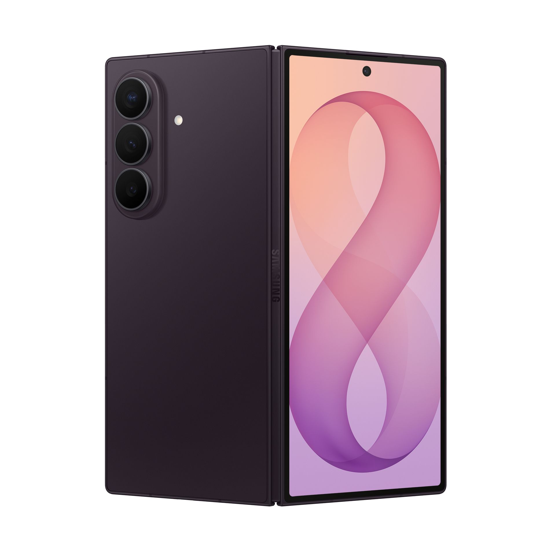 Uno smartphone pieghevole viola scuro mostra le fotocamere posteriori a sinistra e un motivo colorato sullo schermo anteriore.