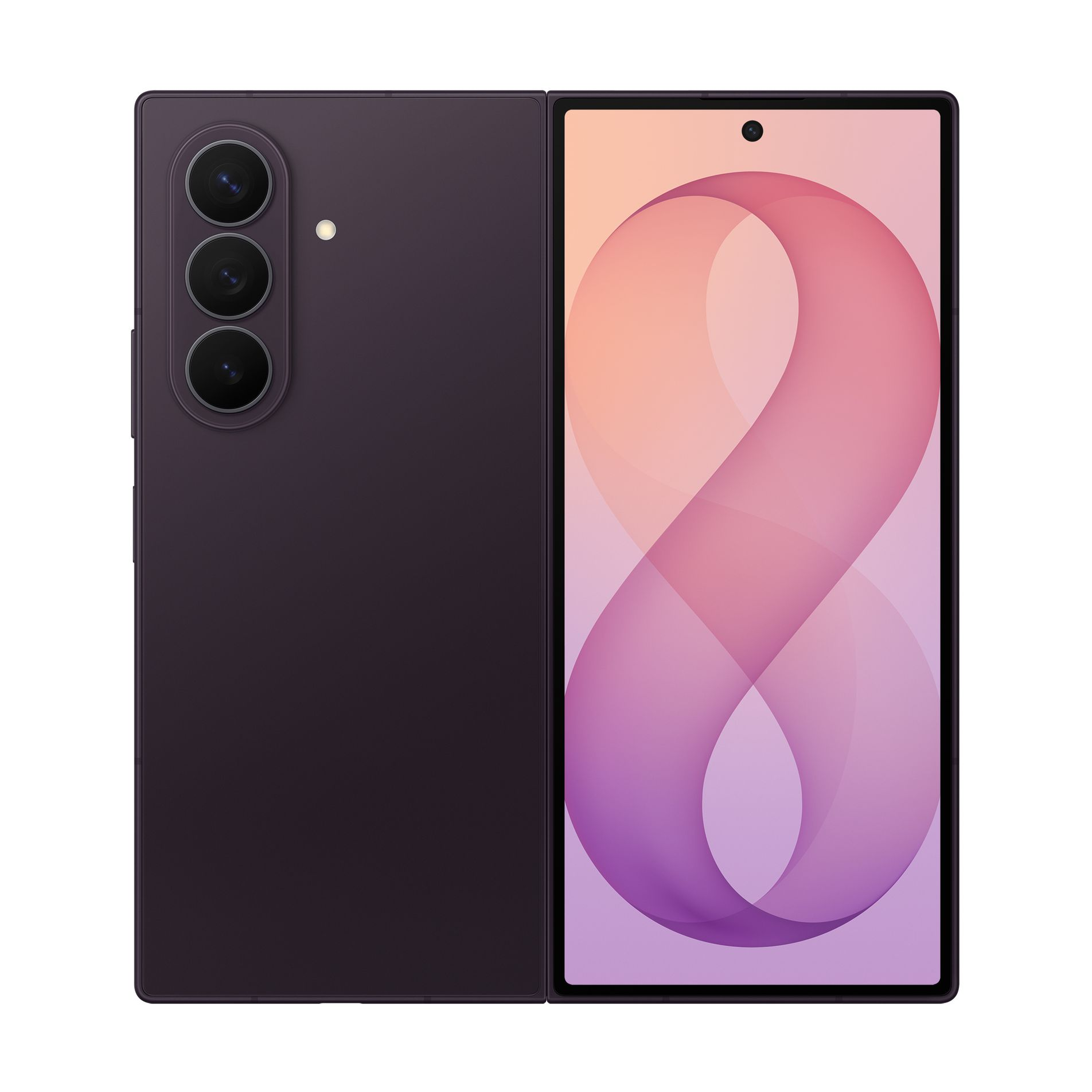 Uno smartphone pieghevole viola scuro che mostra il retro con tre fotocamere e il display con motivo.