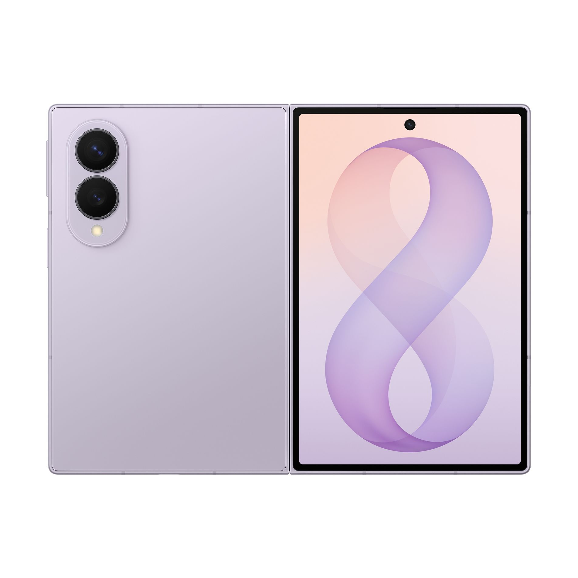 Smartphone pieghevole viola con retro a due fotocamere a sinistra e schermo con grafica curva a destra.